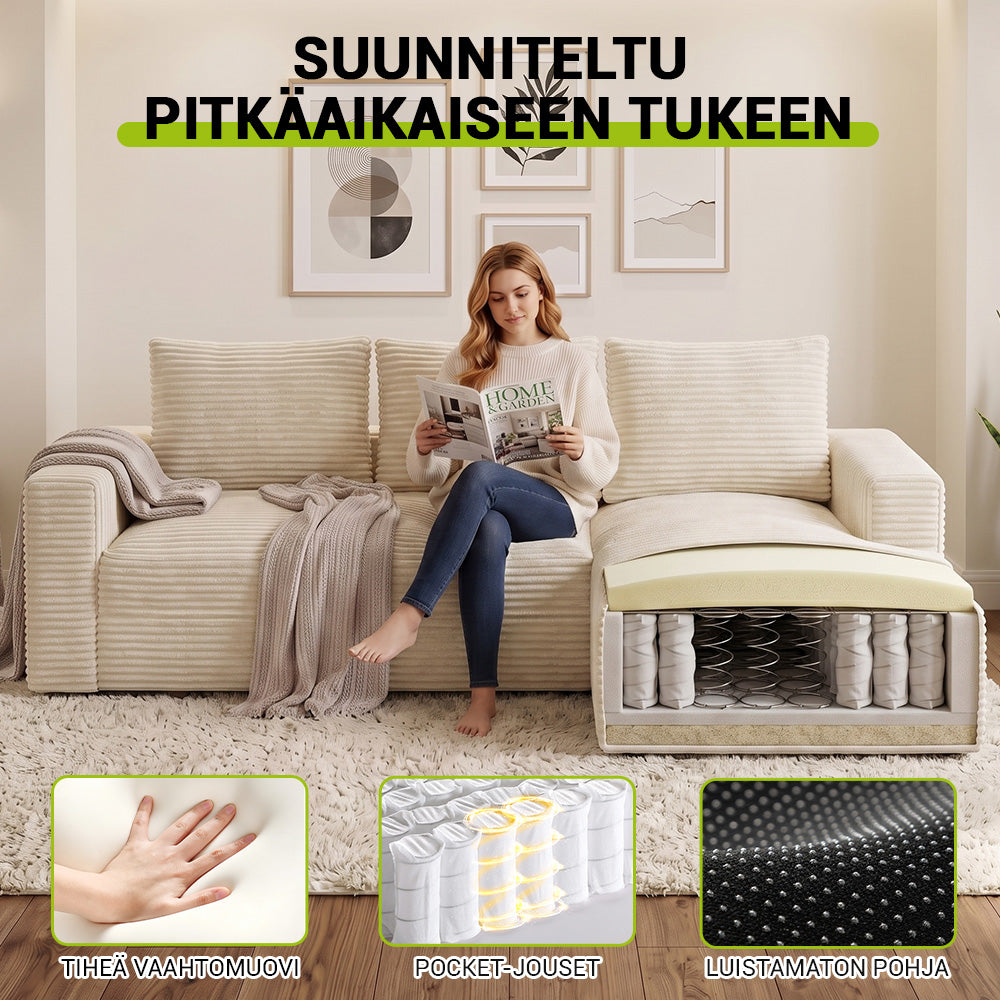L-Muotoinen Rungoton Modulaarinen Vakosamettinen Kulmasohva Divaanilla, Ei Vaadi Kokoamista