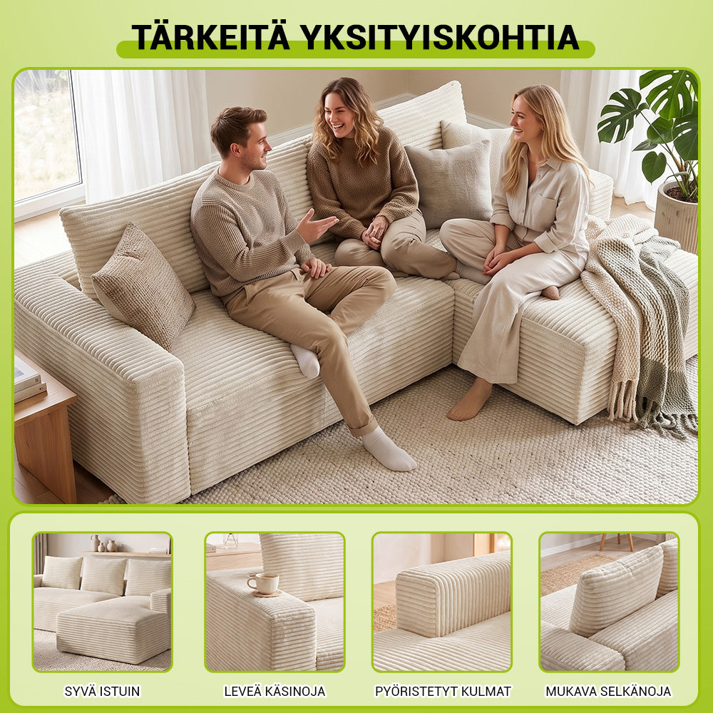 L-Muotoinen Rungoton Modulaarinen Vakosamettinen Kulmasohva Divaanilla, Ei Vaadi Kokoamista