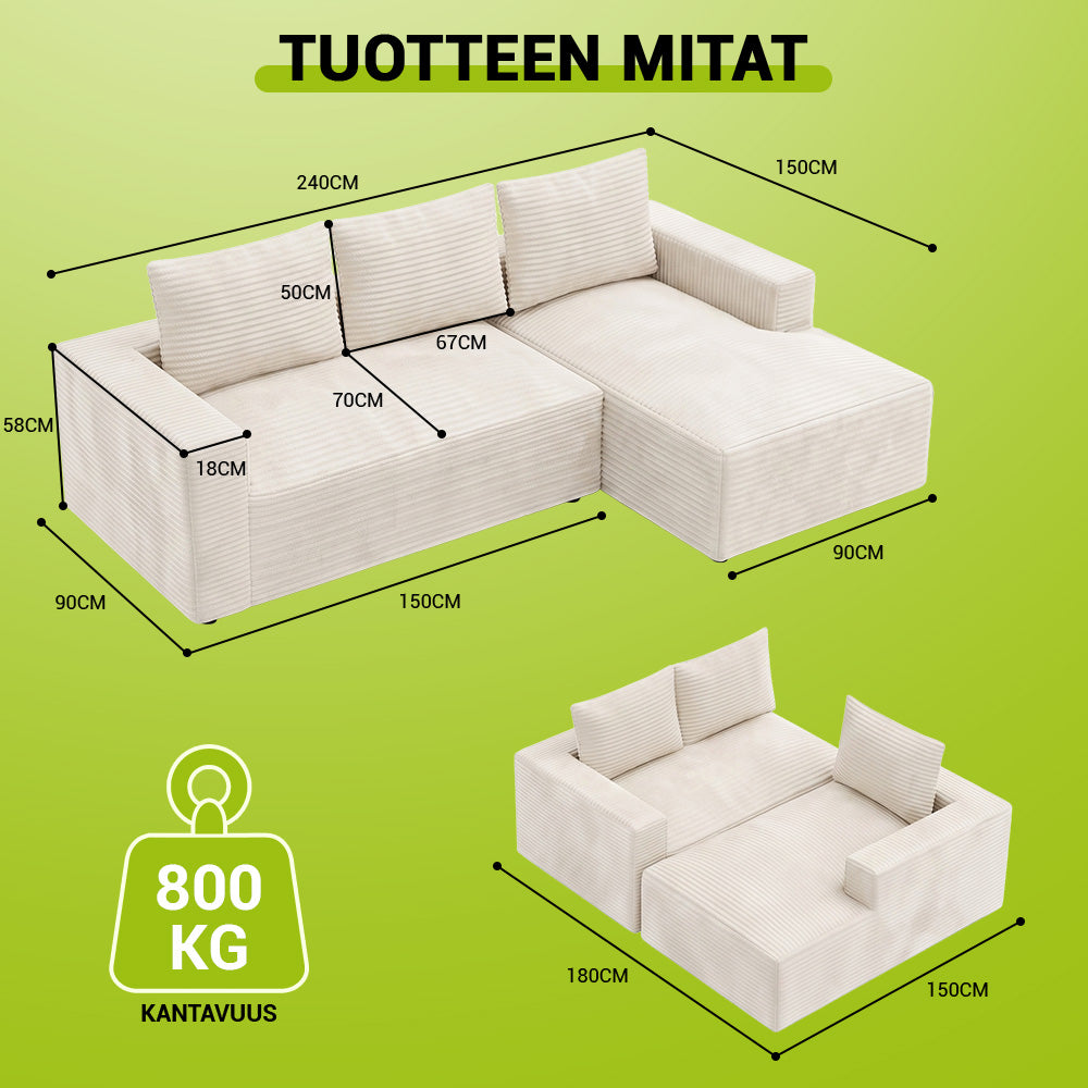 L-Muotoinen Rungoton Modulaarinen Vakosamettinen Kulmasohva Divaanilla, Ei Vaadi Kokoamista