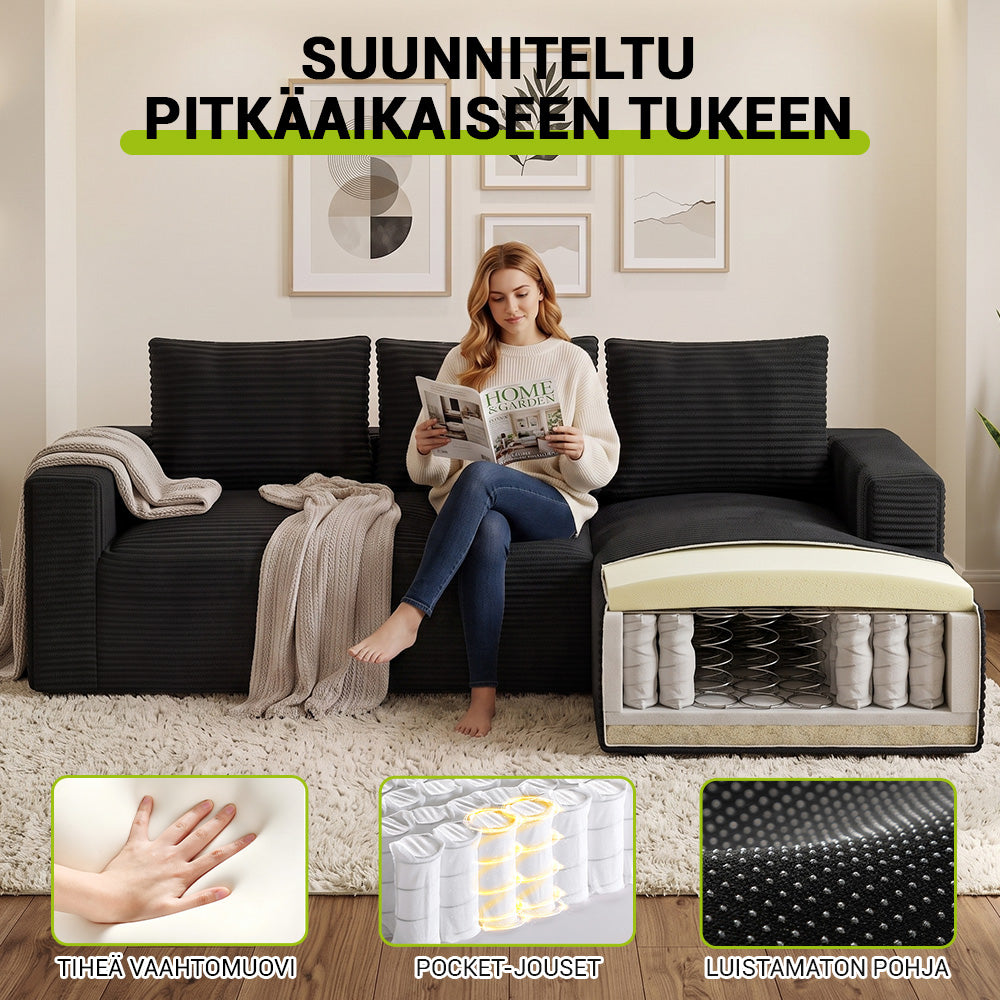 L-Muotoinen Rungoton Modulaarinen Vakosamettinen Kulmasohva Divaanilla, Ei Vaadi Kokoamista