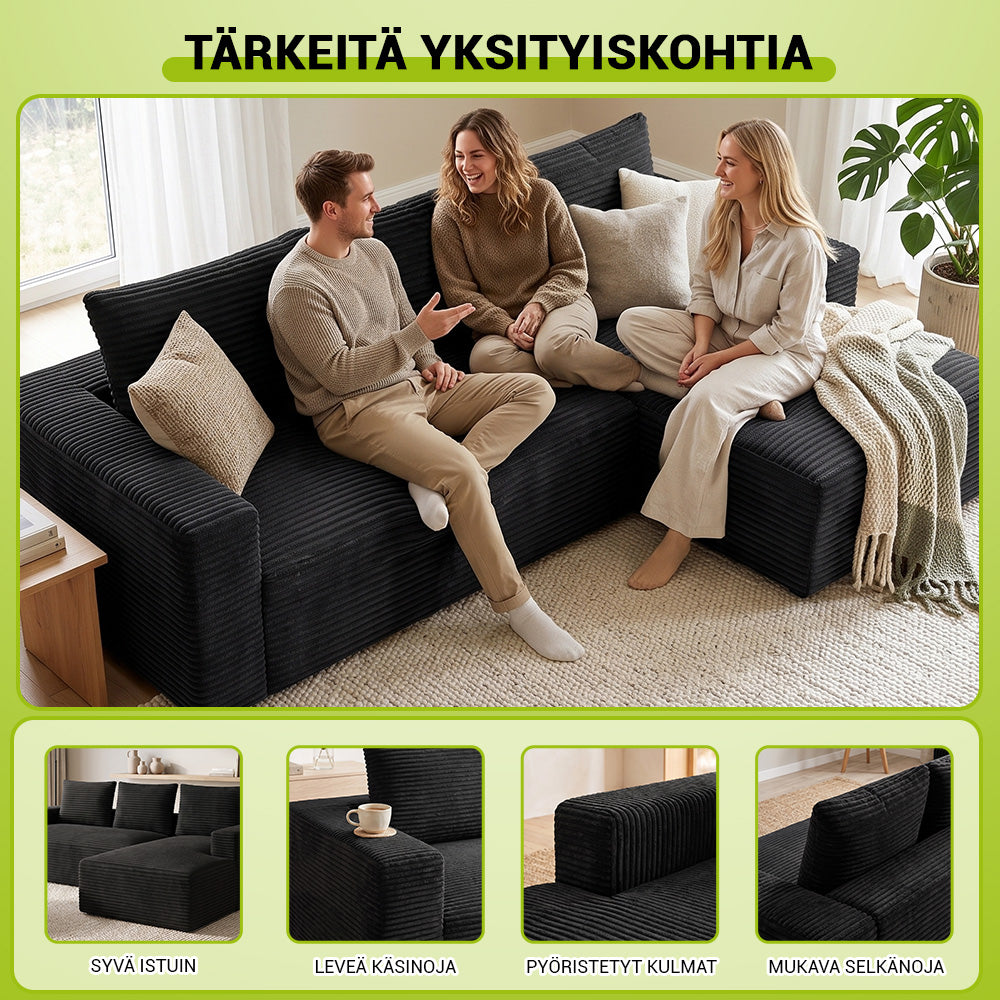 L-Muotoinen Rungoton Modulaarinen Vakosamettinen Kulmasohva Divaanilla, Ei Vaadi Kokoamista