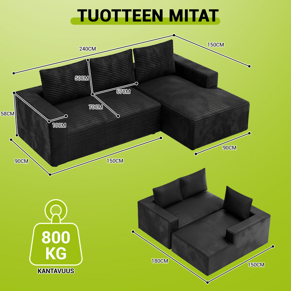 L-Muotoinen Rungoton Modulaarinen Vakosamettinen Kulmasohva Divaanilla, Ei Vaadi Kokoamista
