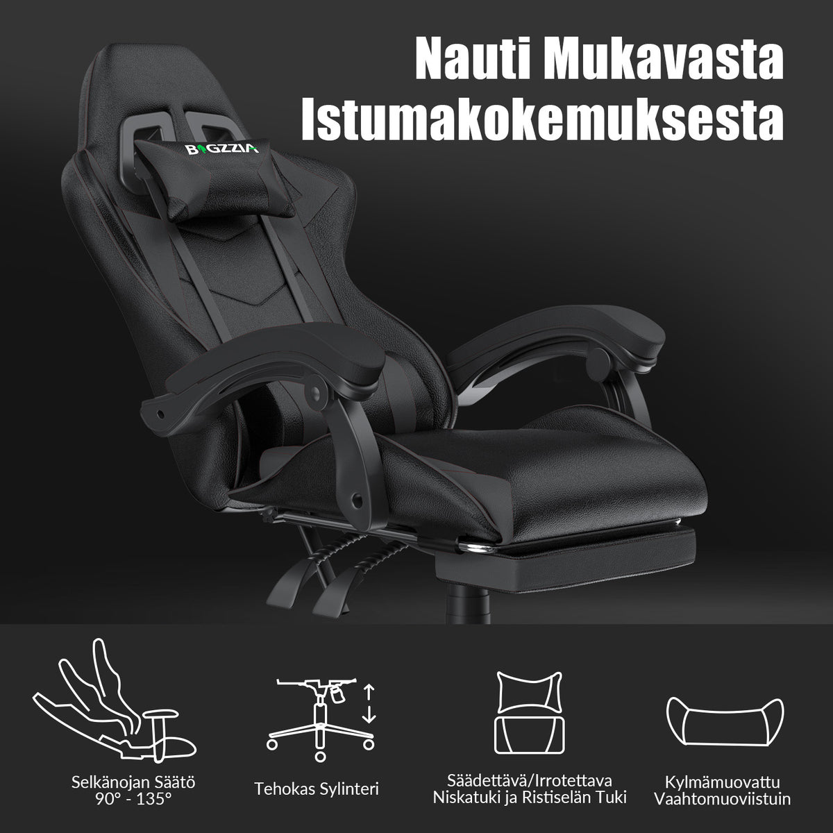 Ergonominen Pelituoli, 135° Kallistuva Pyörivä Tuoli Niskatuella, Jalkatuki, Ristiseläntuki, PU-nahkainen Toimistotuoli