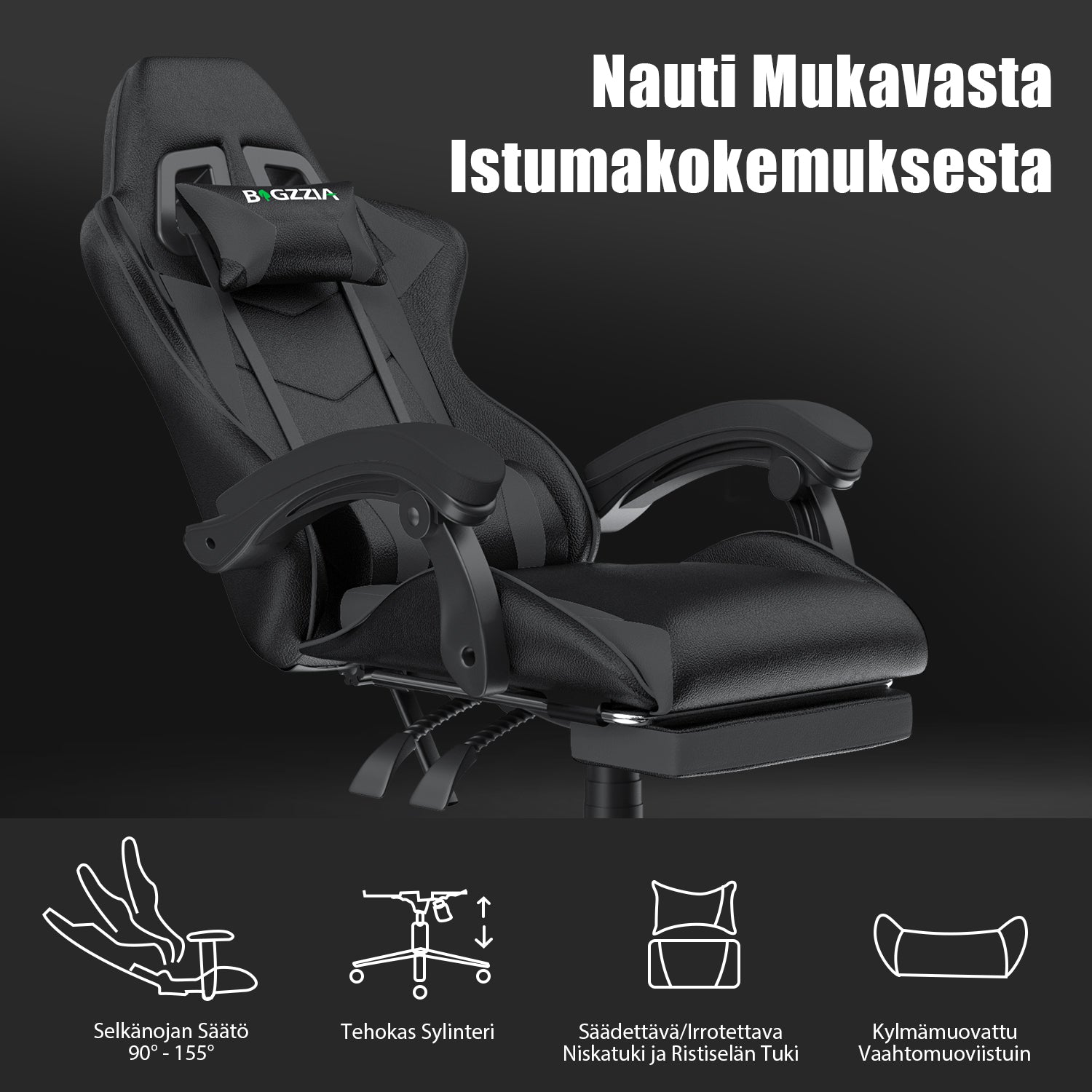 Ergonominen Pelituoli, 155° Kallistuva Pyörivä Tuoli Niskatuella, Ristiselän Tuki, PU-nahkainen Toimistotuoli