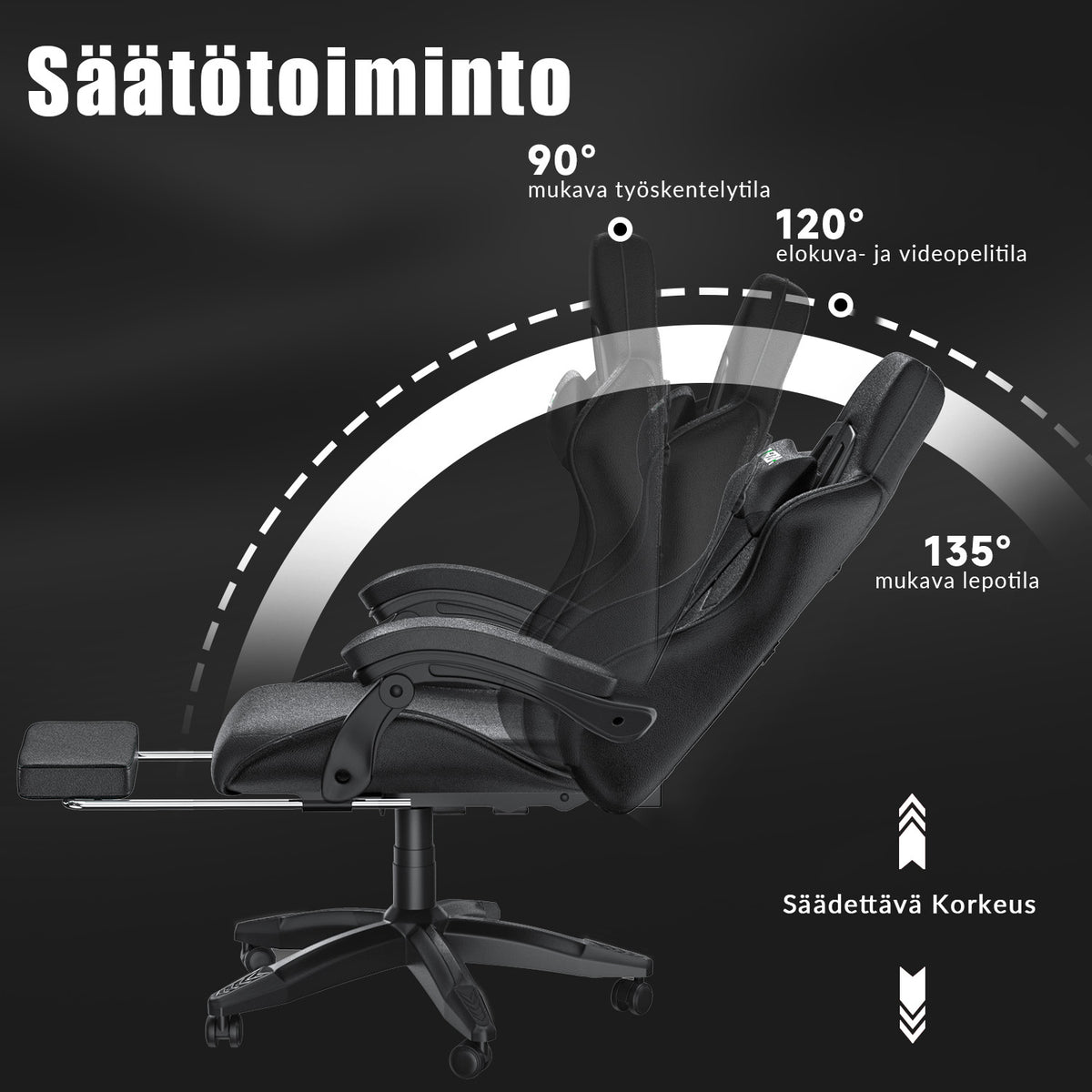 Ergonominen Pelituoli, 135° Kallistuva Pyörivä Tuoli Niskatuella, Jalkatuki, Ristiseläntuki, PU-nahkainen Toimistotuoli