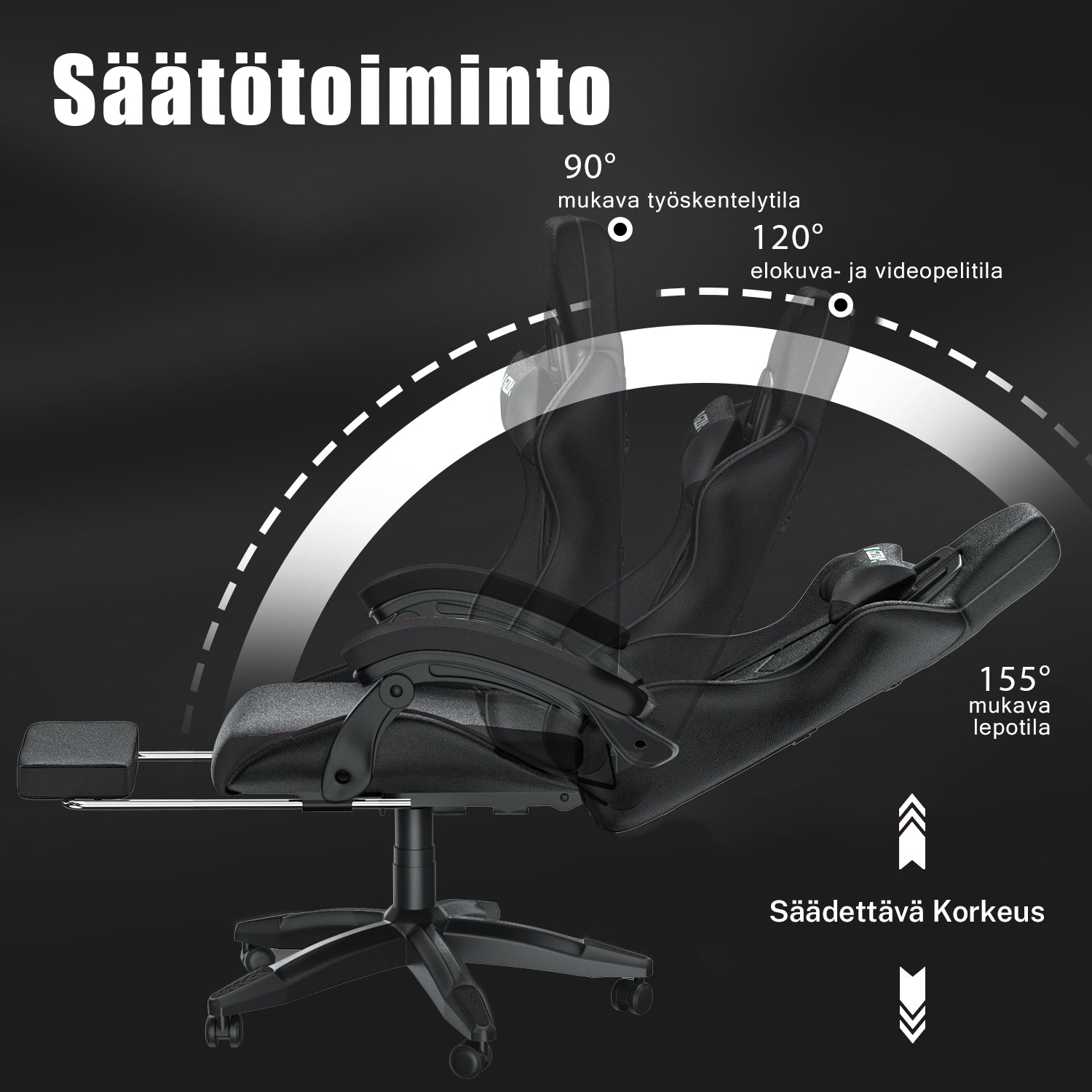 Ergonominen Pelituoli, 155° Kallistuva Pyörivä Tuoli Niskatuella, Ristiselän Tuki, PU-nahkainen Toimistotuoli