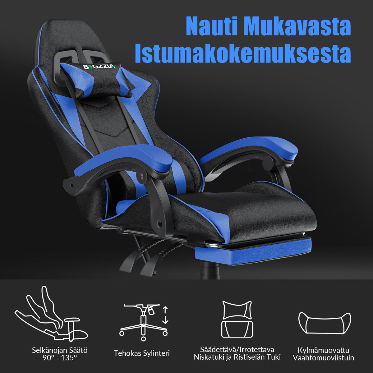 Ergonominen Pelituoli, 135° Kallistuva Pyörivä Tuoli Niskatuella, Jalkatuki, Ristiseläntuki, PU-nahkainen Toimistotuoli