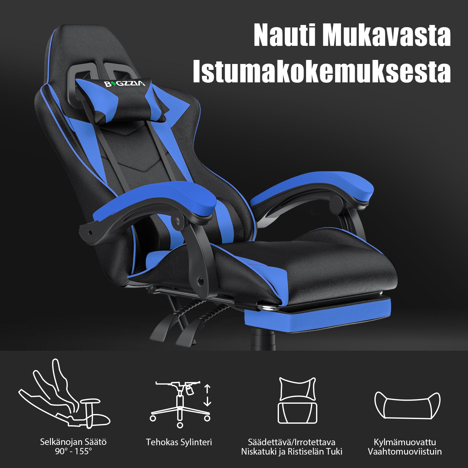 Ergonominen Pelituoli, 155° Kallistuva Pyörivä Tuoli Niskatuella, Ristiselän Tuki, PU-nahkainen Toimistotuoli