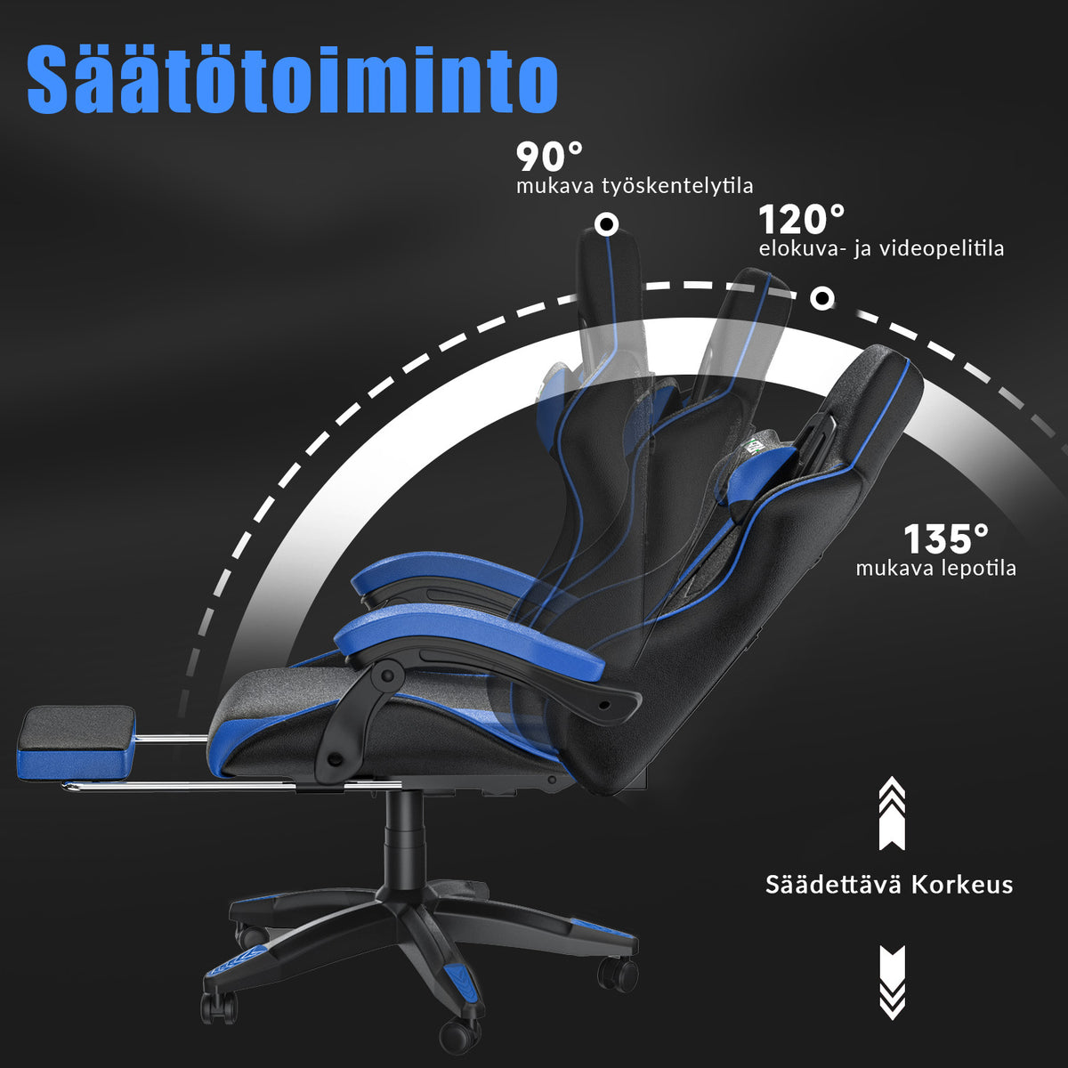 Ergonominen Pelituoli, 135° Kallistuva Pyörivä Tuoli Niskatuella, Jalkatuki, Ristiseläntuki, PU-nahkainen Toimistotuoli