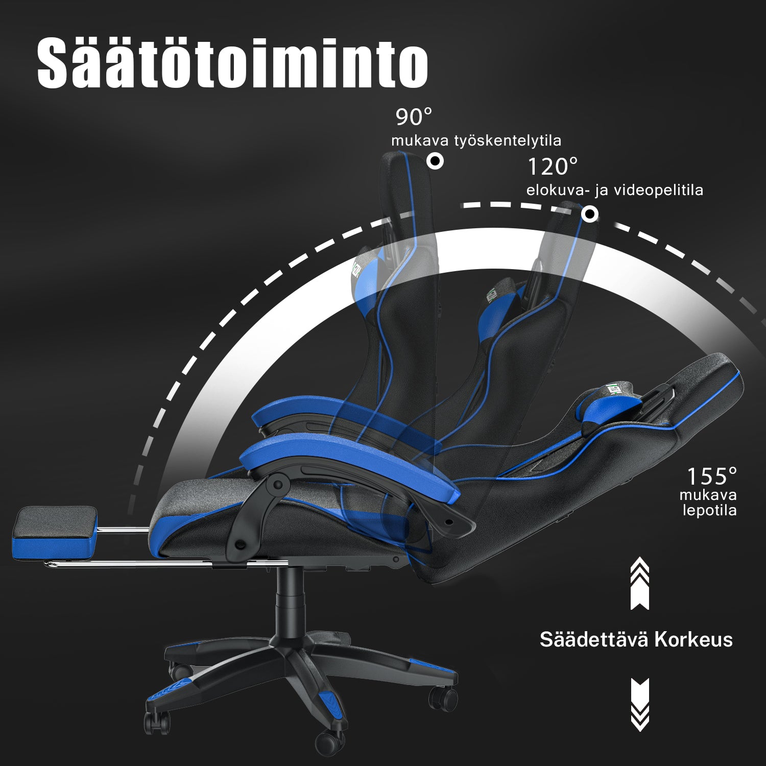 Ergonominen Pelituoli, 155° Kallistuva Pyörivä Tuoli Niskatuella, Ristiselän Tuki, PU-nahkainen Toimistotuoli