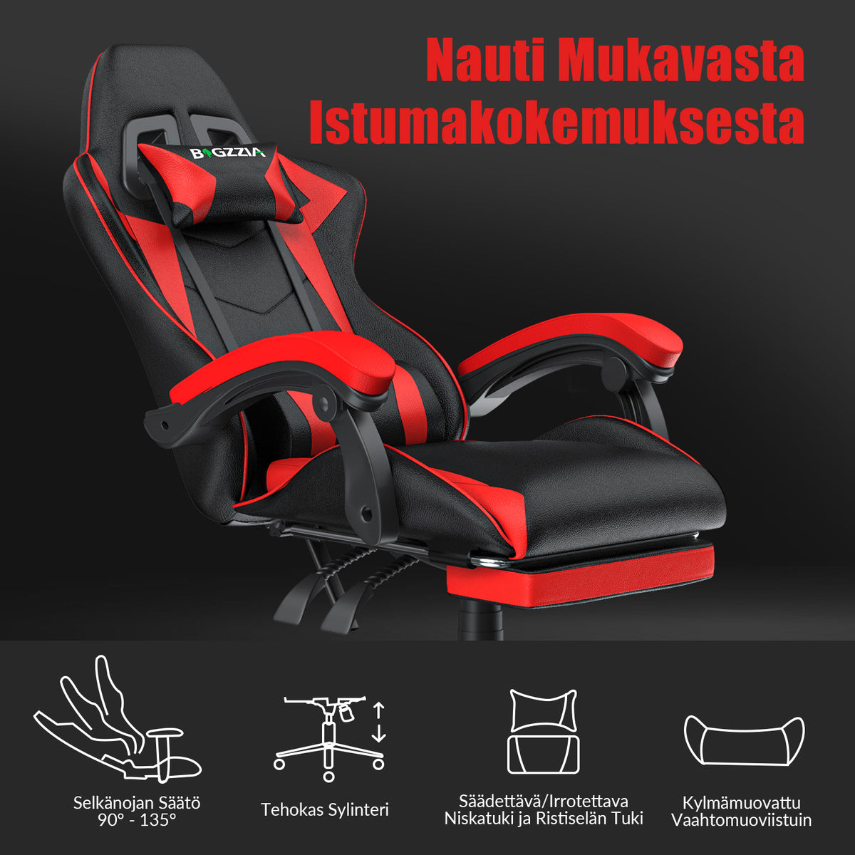 Ergonominen Pelituoli, 135° Kallistuva Pyörivä Tuoli Niskatuella, Jalkatuki, Ristiseläntuki, PU-nahkainen Toimistotuoli
