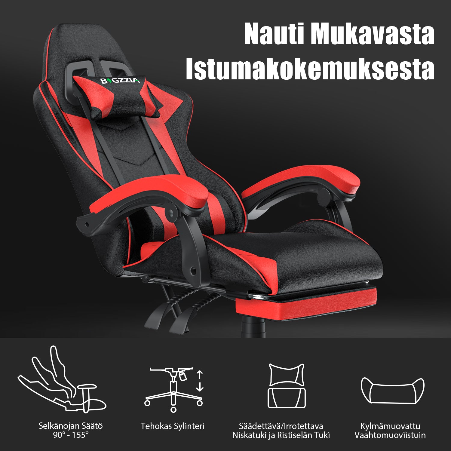 Ergonominen Pelituoli, 155° Kallistuva Pyörivä Tuoli Niskatuella, Ristiselän Tuki, PU-nahkainen Toimistotuoli