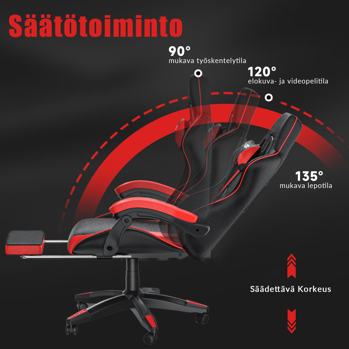 Ergonominen Pelituoli, 135° Kallistuva Pyörivä Tuoli Niskatuella, Jalkatuki, Ristiseläntuki, PU-nahkainen Toimistotuoli