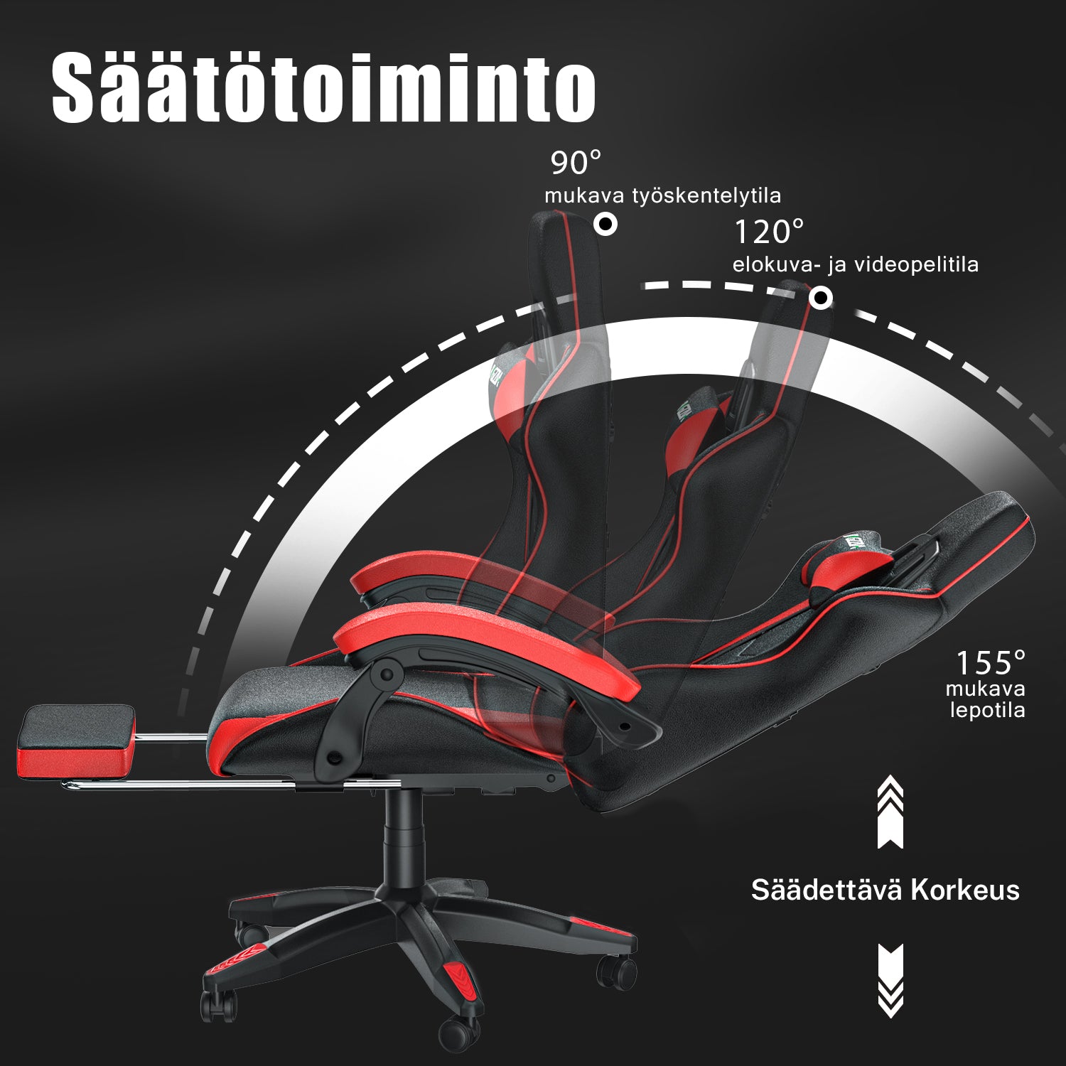 Ergonominen Pelituoli, 155° Kallistuva Pyörivä Tuoli Niskatuella, Ristiselän Tuki, PU-nahkainen Toimistotuoli