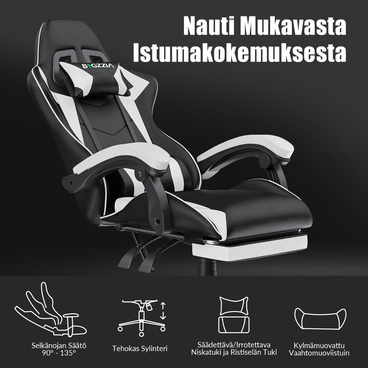 Ergonominen Pelituoli, 135° Kallistuva Pyörivä Tuoli Niskatuella, Jalkatuki, Ristiseläntuki, PU-nahkainen Toimistotuoli