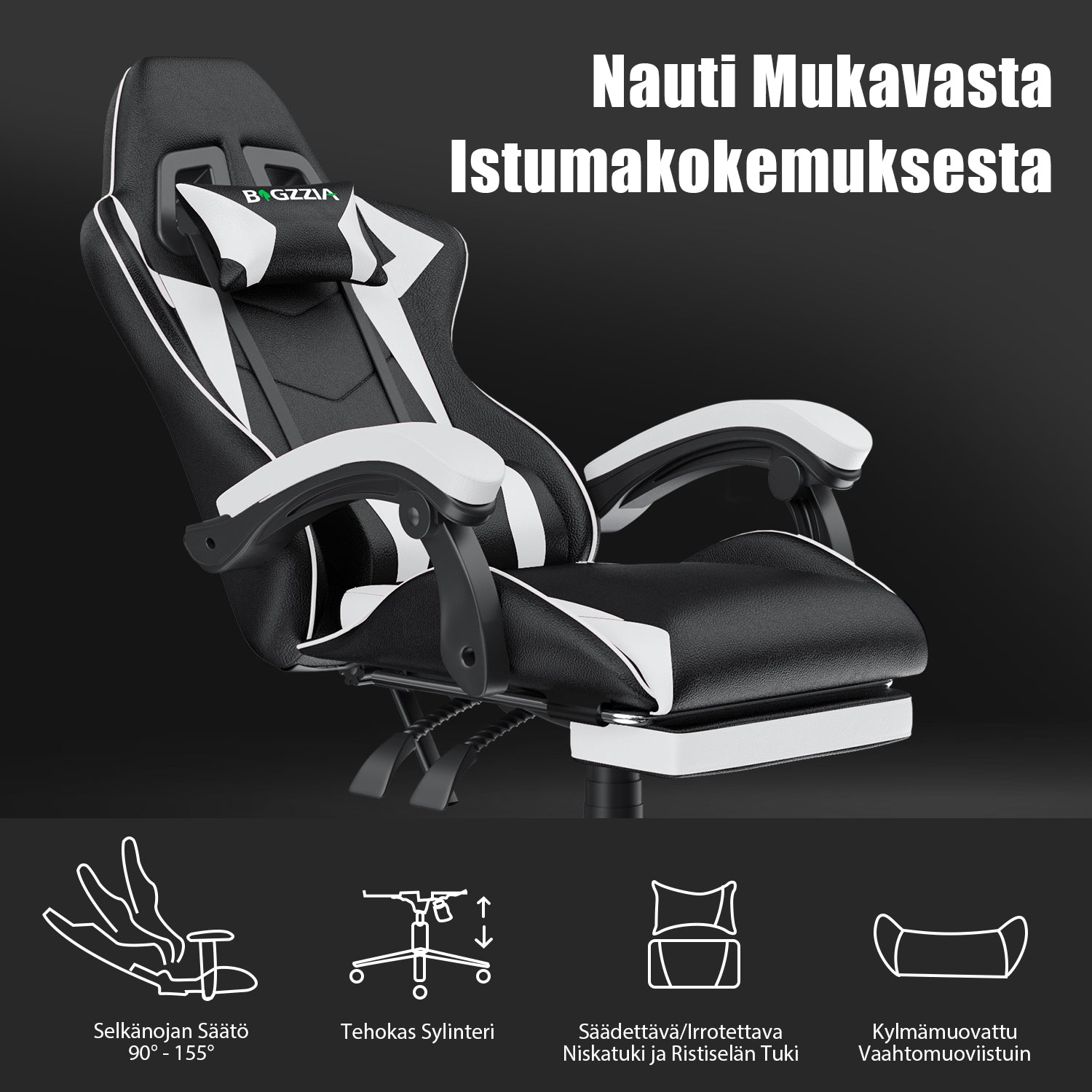 Ergonominen Pelituoli, 155° Kallistuva Pyörivä Tuoli Niskatuella, Ristiselän Tuki, PU-nahkainen Toimistotuoli