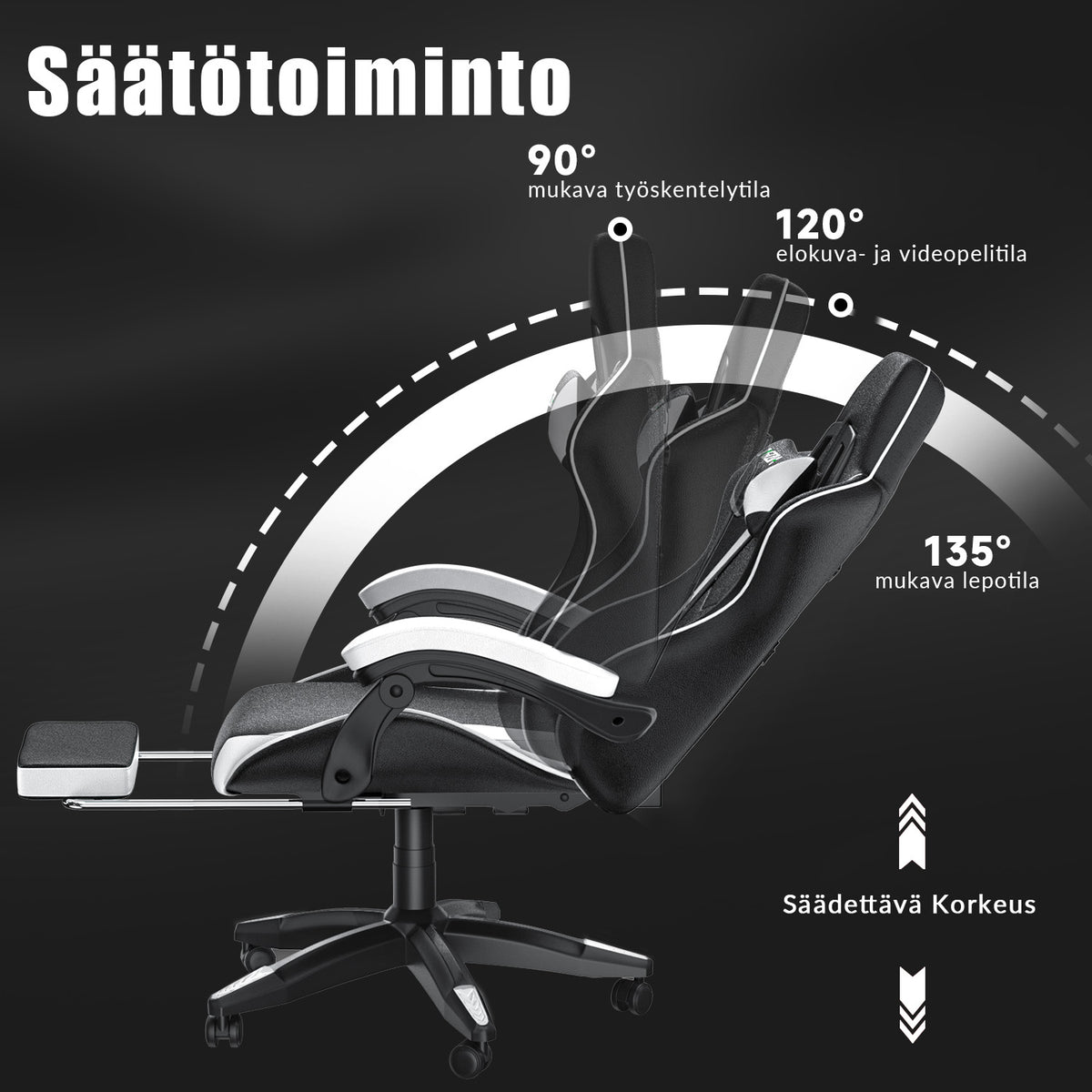 Ergonominen Pelituoli, 135° Kallistuva Pyörivä Tuoli Niskatuella, Jalkatuki, Ristiseläntuki, PU-nahkainen Toimistotuoli