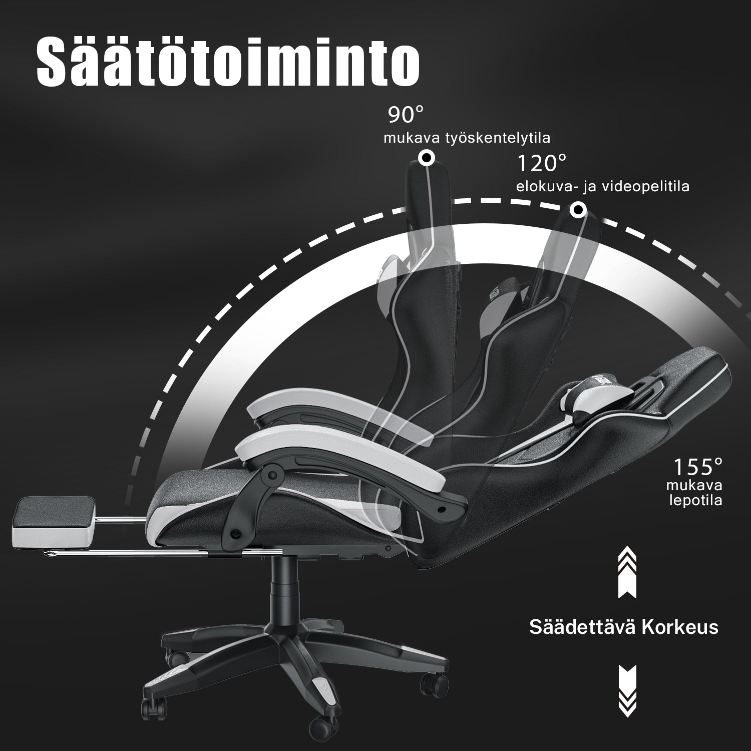 Ergonominen Pelituoli, 155° Kallistuva Pyörivä Tuoli Niskatuella, Ristiselän Tuki, PU-nahkainen Toimistotuoli