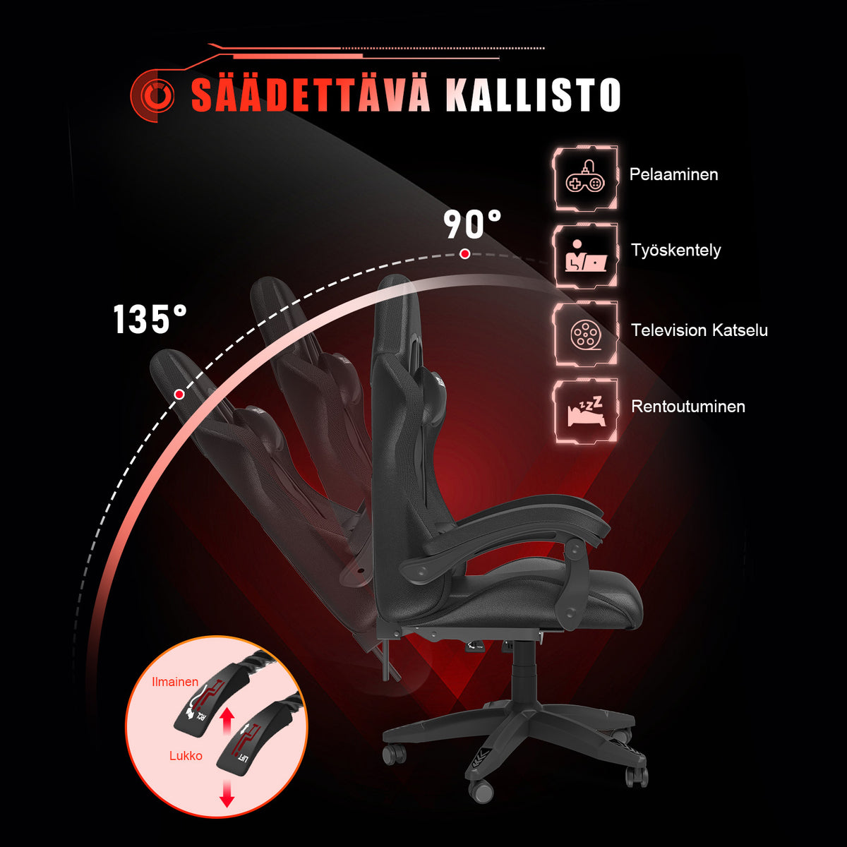 Ergonominen Pelituoli RGB-LED-valoilla, Kallistuvalla Kallistuksella, Niskatuella ja Ristiselän Tuella Kilpa-ajotyyliin