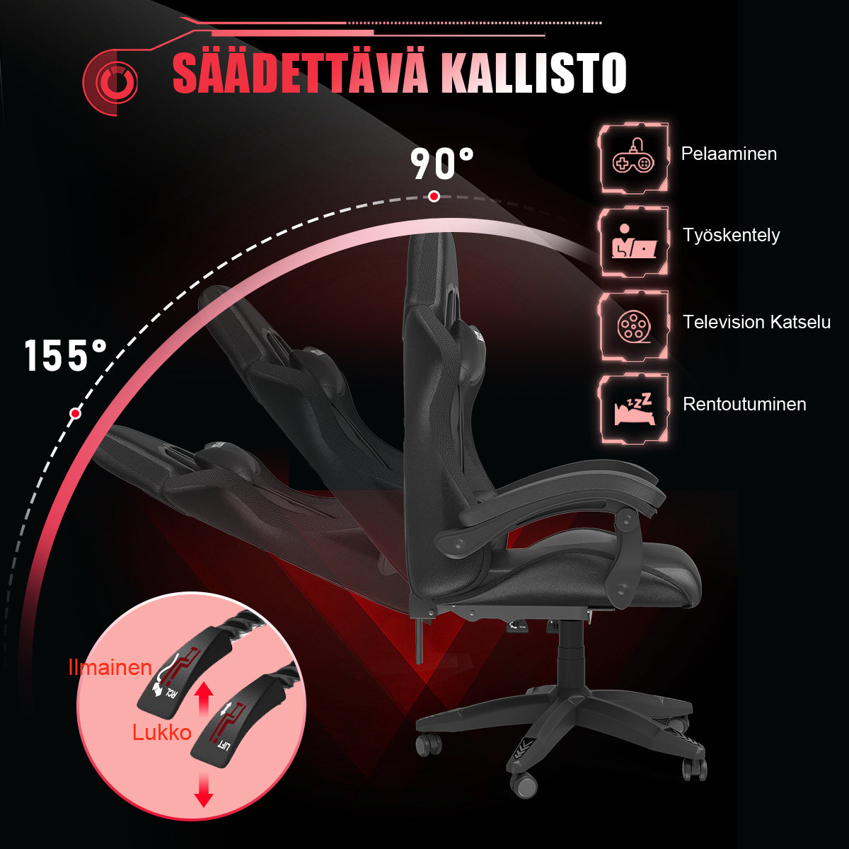 Ergonominen Pelituoli, 155° Kallistuva Pyörivä Tuoli Niskatuella, Ristiselän Tuki, PU-nahkainen Toimistotuoli