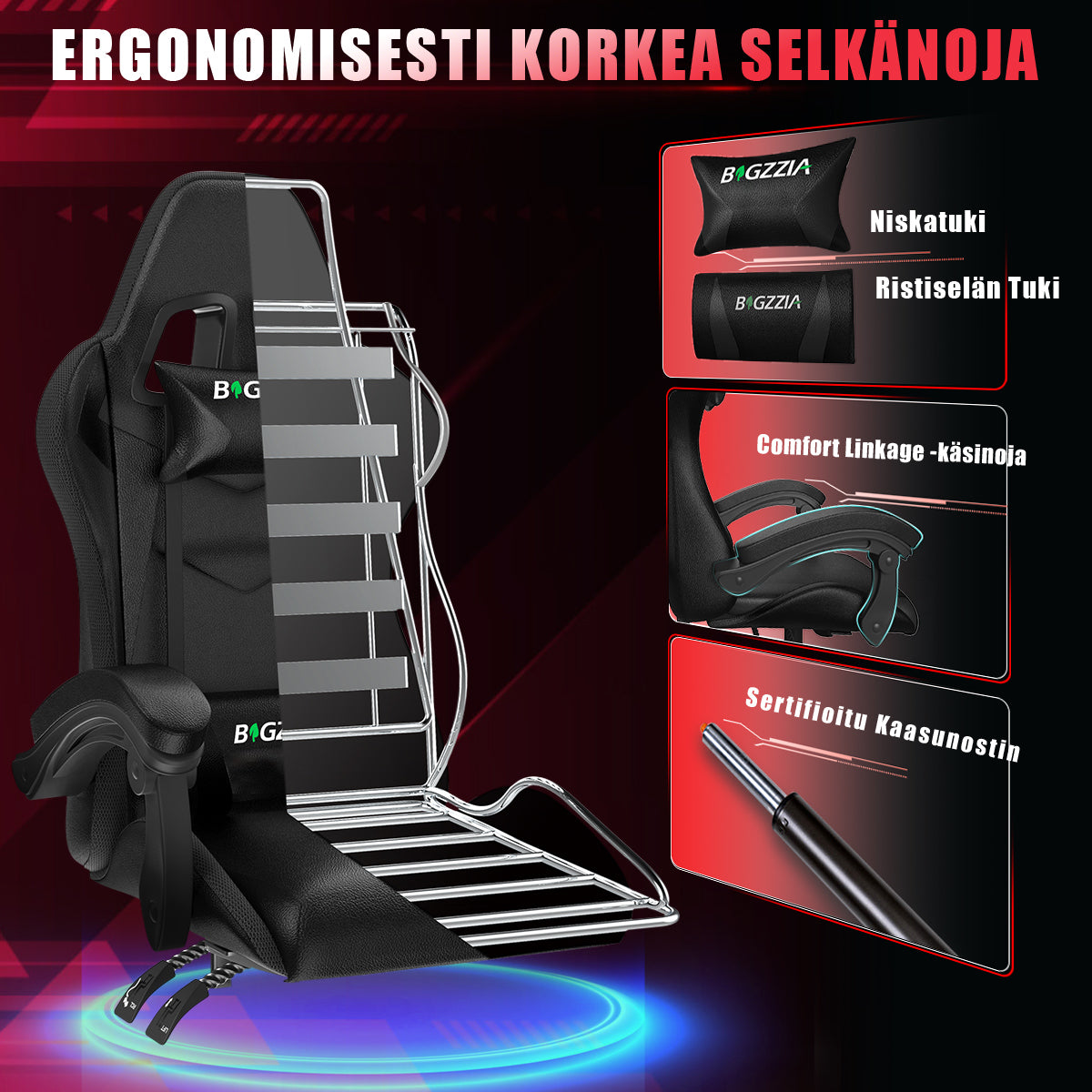 Ergonominen Pelituoli, 155° Kallistuva Pyörivä Tuoli Niskatuella, Ristiselän Tuki, PU-nahkainen Toimistotuoli