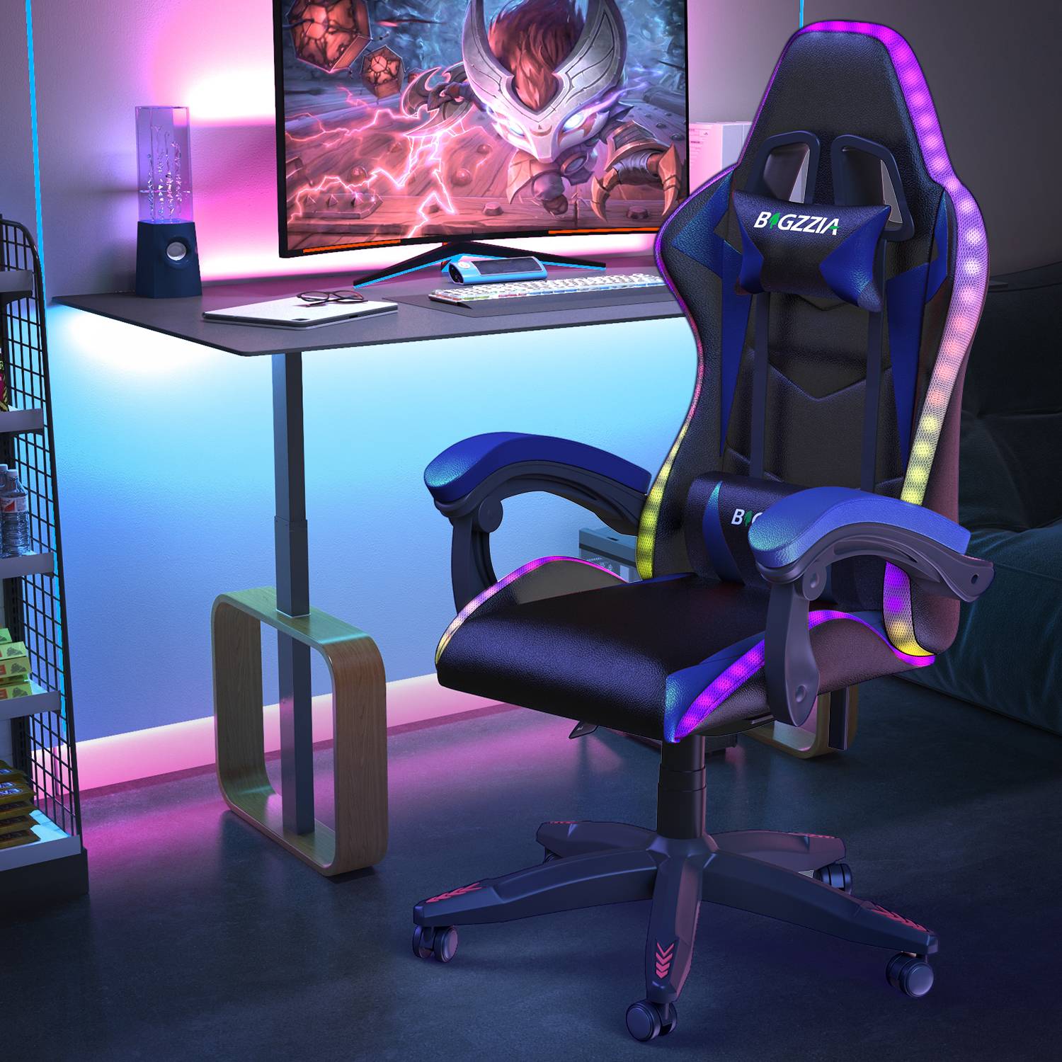 Ergonominen Pelituoli RGB-LED-valoilla, Kallistuvalla Kallistuksella, Niskatuella ja Ristiselän Tuella Kilpa-ajotyyliin