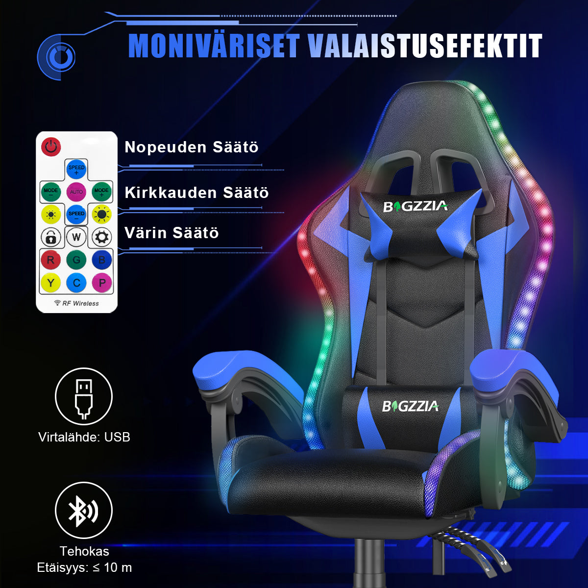 Ergonominen Pelituoli RGB-LED-valoilla, Kallistuvalla Kallistuksella, Niskatuella ja Ristiselän Tuella Kilpa-ajotyyliin