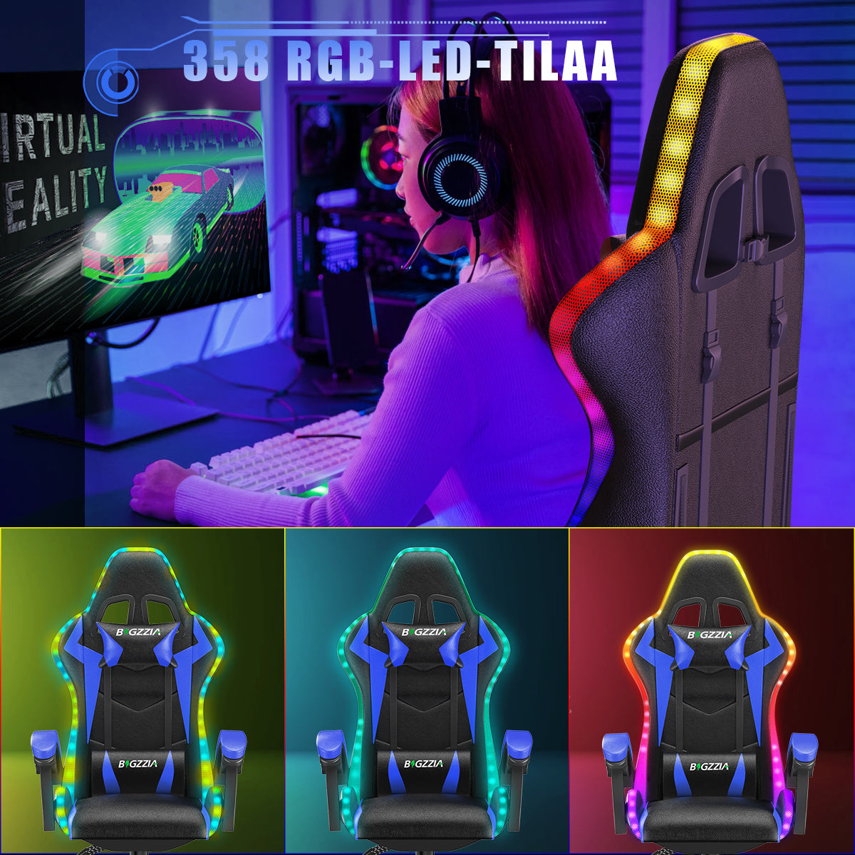 Ergonominen Pelituoli RGB-LED-valoilla, Kallistuvalla Kallistuksella, Niskatuella ja Ristiselän Tuella Kilpa-ajotyyliin