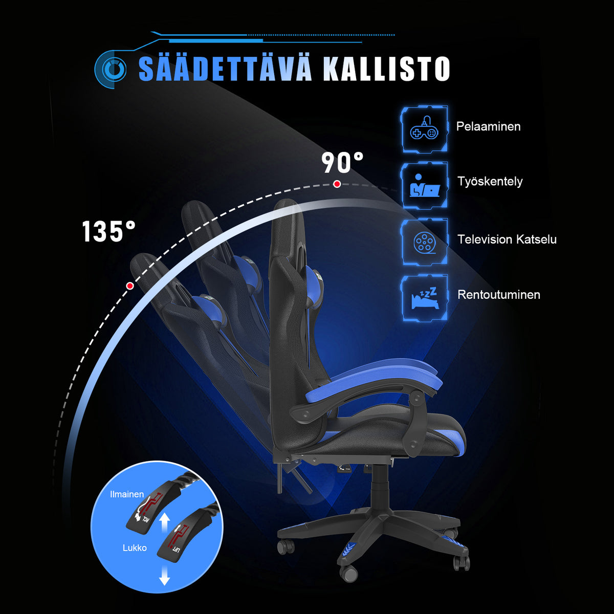 Ergonominen Pelituoli RGB-LED-valoilla, Kallistuvalla Kallistuksella, Niskatuella ja Ristiselän Tuella Kilpa-ajotyyliin