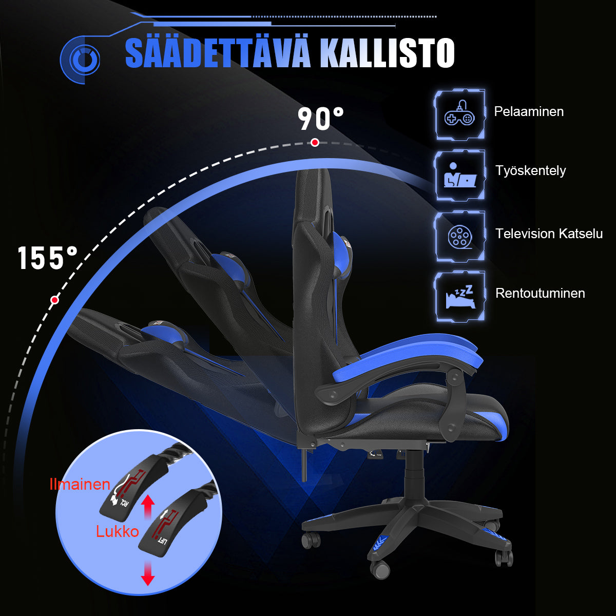Ergonominen Pelituoli RGB-LED-valoilla, Kallistuvalla Kallistuksella, Niskatuella ja Ristiselän Tuella Kilpa-ajotyyliin