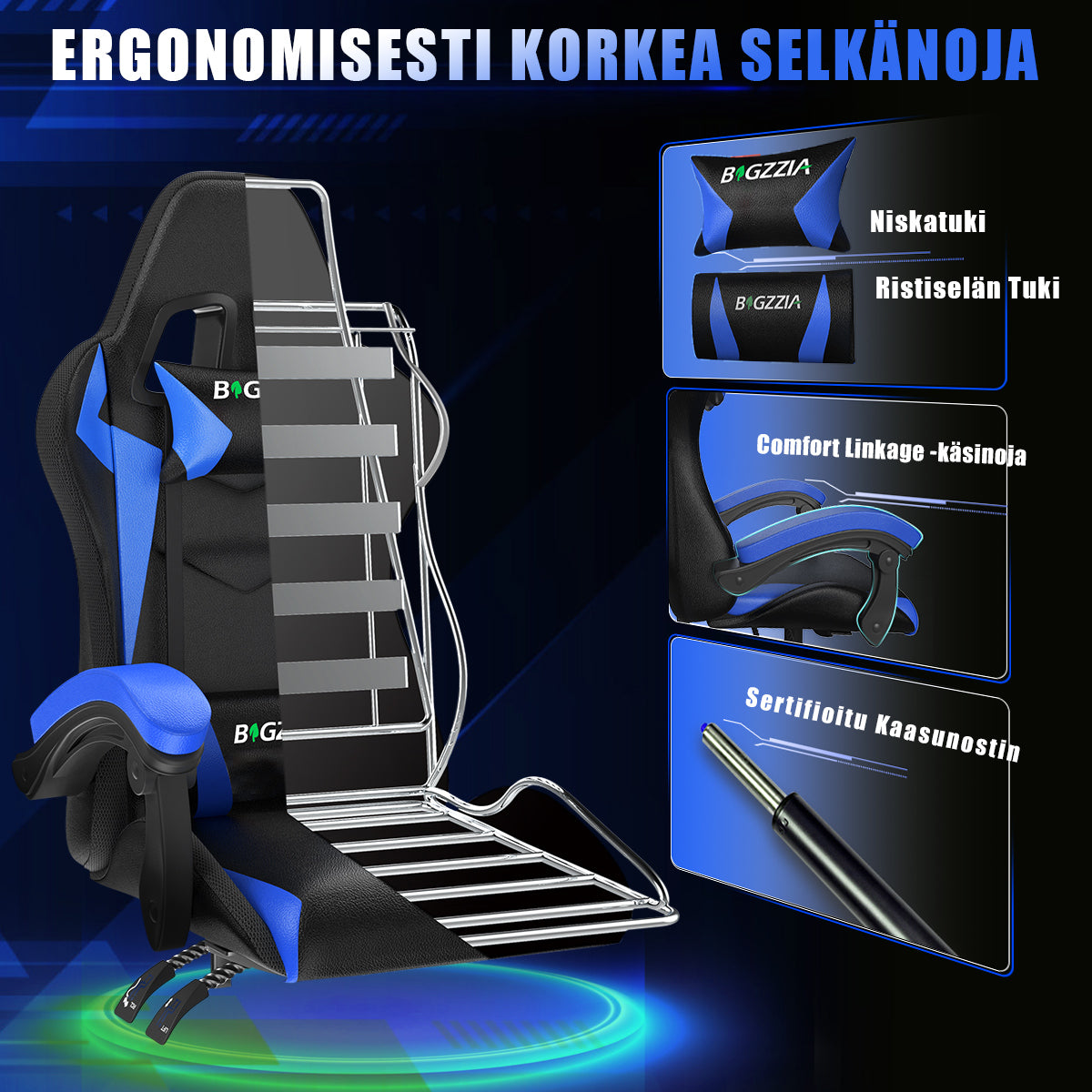 Ergonominen Pelituoli RGB-LED-valoilla, Kallistuvalla Kallistuksella, Niskatuella ja Ristiselän Tuella Kilpa-ajotyyliin