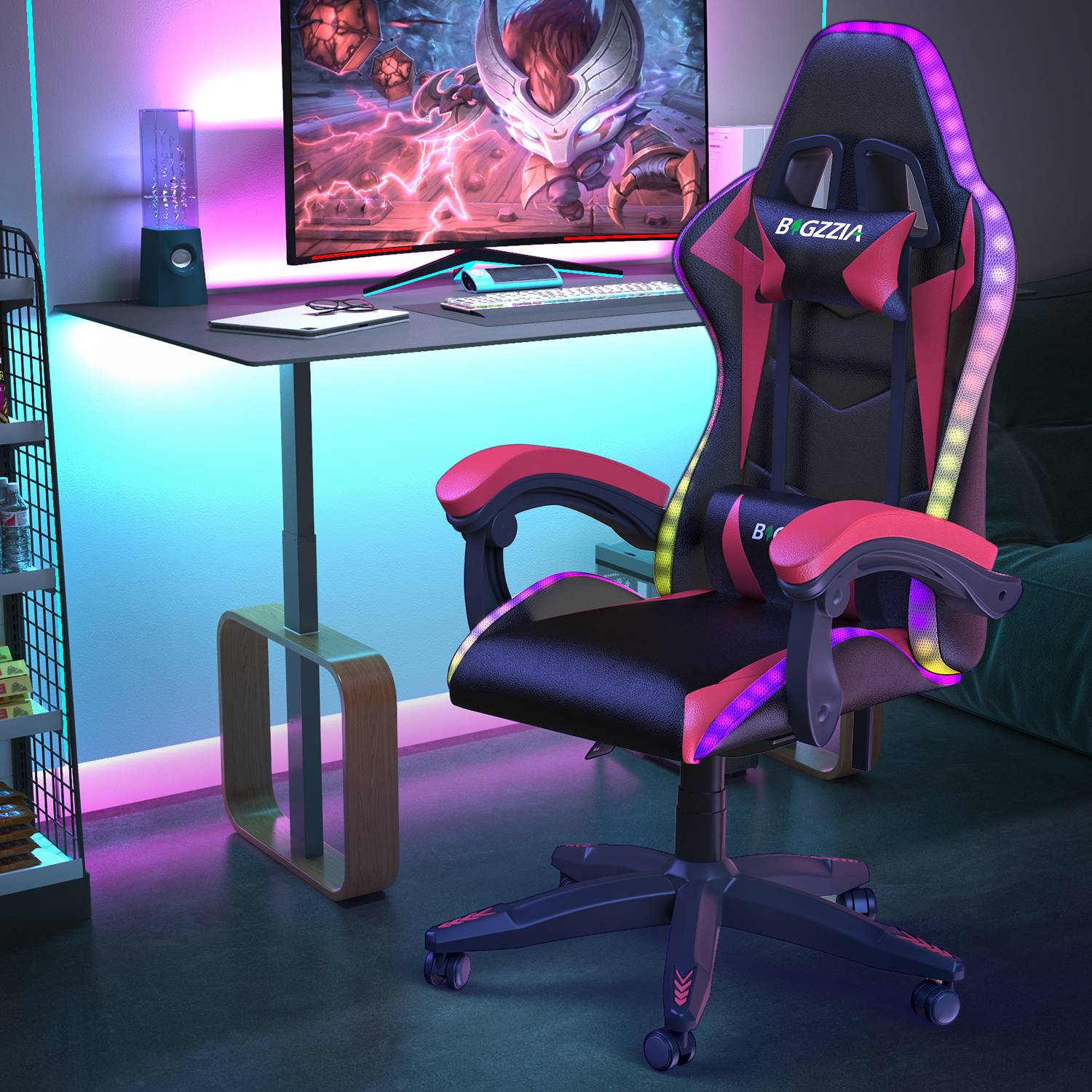Ergonominen Pelituoli RGB-LED-valoilla, Kallistuvalla Kallistuksella, Niskatuella ja Ristiselän Tuella Kilpa-ajotyyliin
