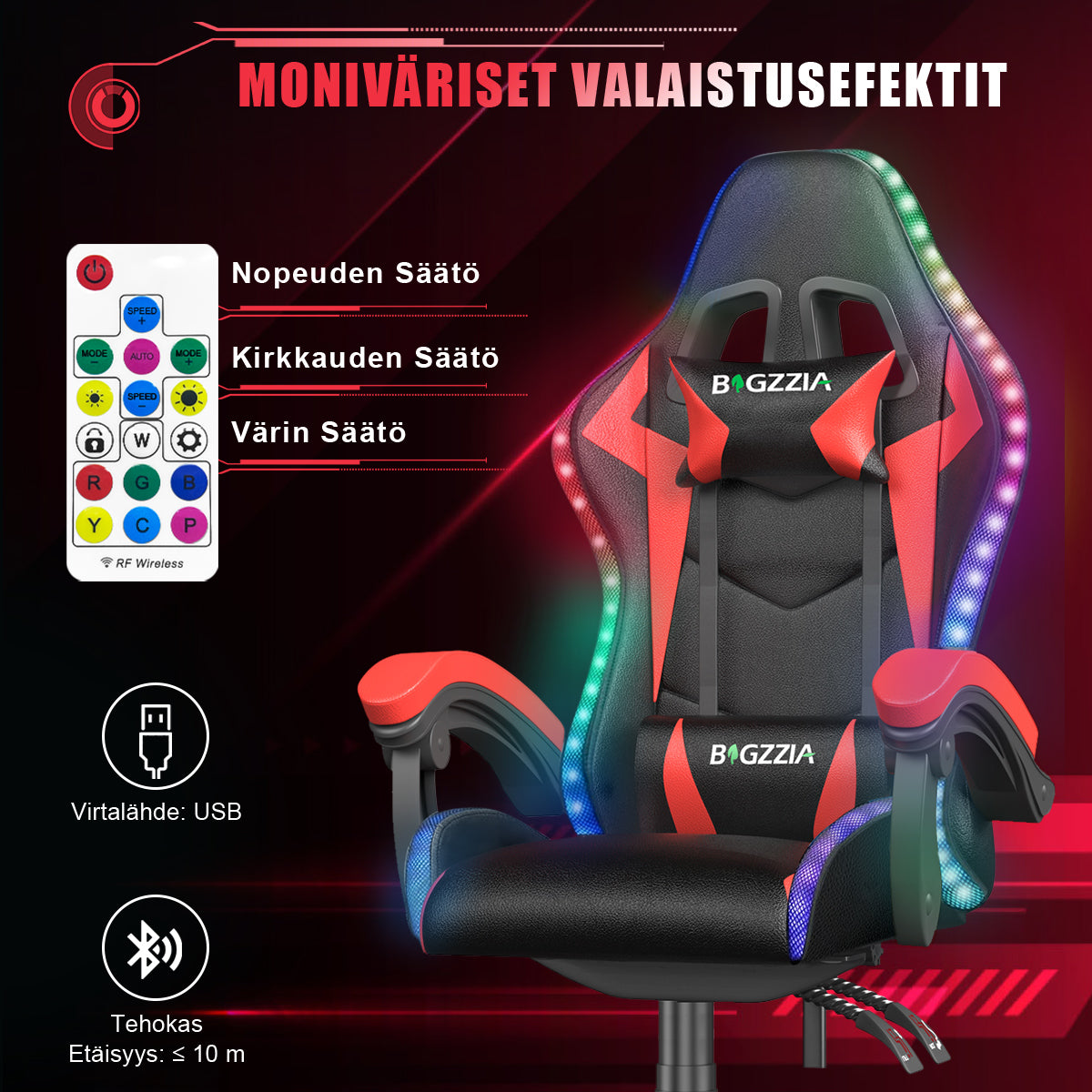 Ergonominen Pelituoli RGB-LED-valoilla, Kallistuvalla Kallistuksella, Niskatuella ja Ristiselän Tuella Kilpa-ajotyyliin