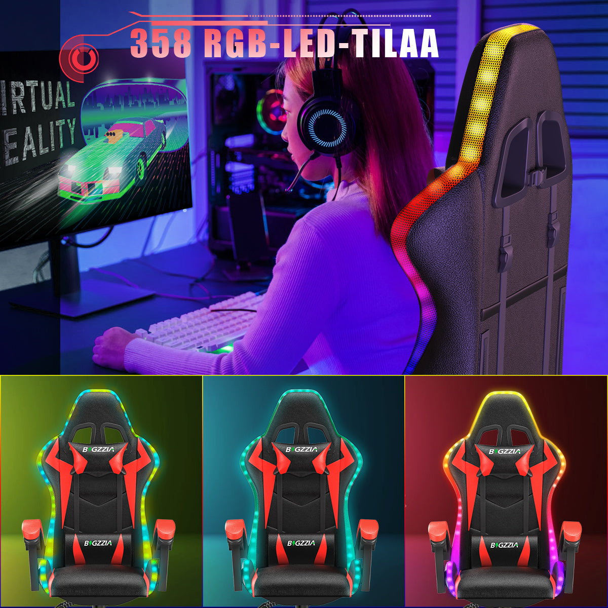 Ergonominen Pelituoli RGB-LED-valoilla, Kallistuvalla Kallistuksella, Niskatuella ja Ristiselän Tuella Kilpa-ajotyyliin