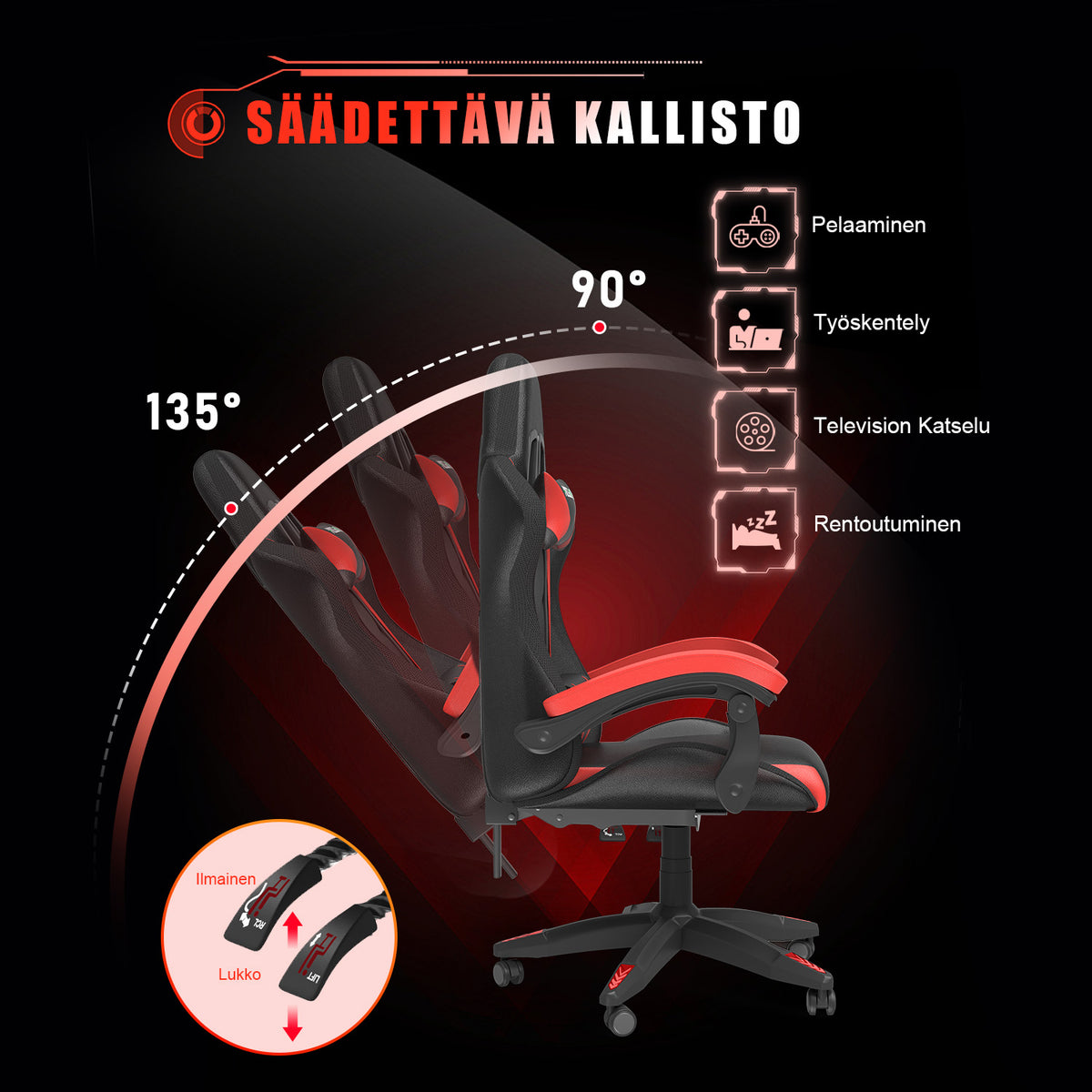 Ergonominen Pelituoli RGB-LED-valoilla, Kallistuvalla Kallistuksella, Niskatuella ja Ristiselän Tuella Kilpa-ajotyyliin