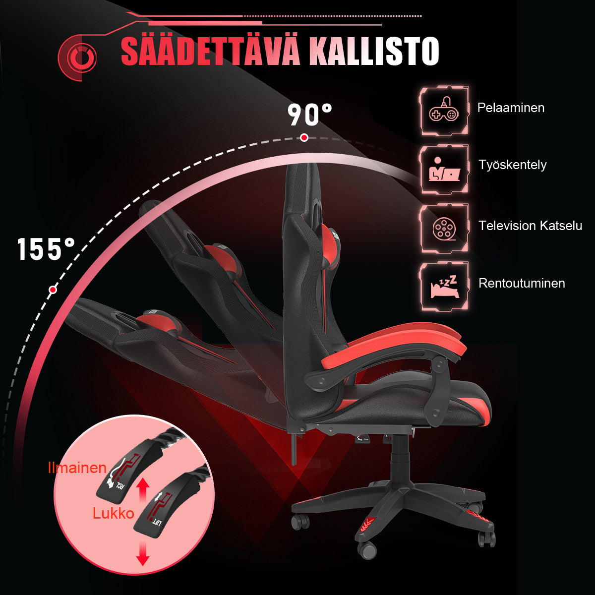 Ergonominen Pelituoli RGB-LED-valoilla, Kallistuvalla Kallistuksella, Niskatuella ja Ristiselän Tuella Kilpa-ajotyyliin