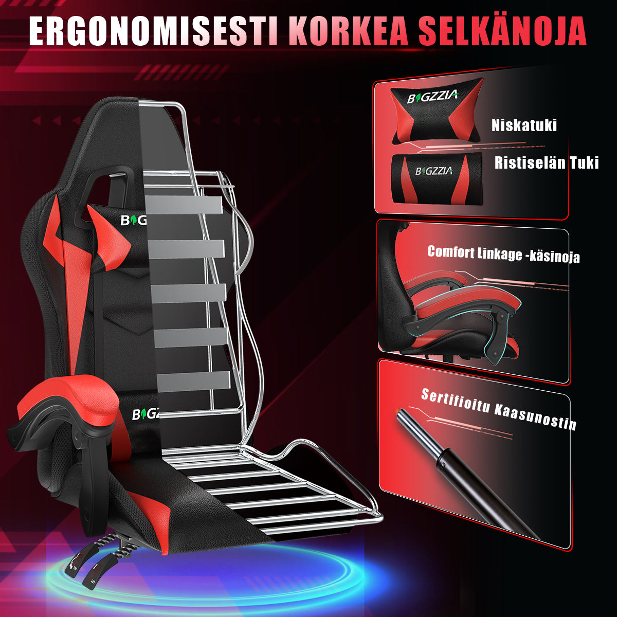 Ergonominen Pelituoli RGB-LED-valoilla, Kallistuvalla Kallistuksella, Niskatuella ja Ristiselän Tuella Kilpa-ajotyyliin