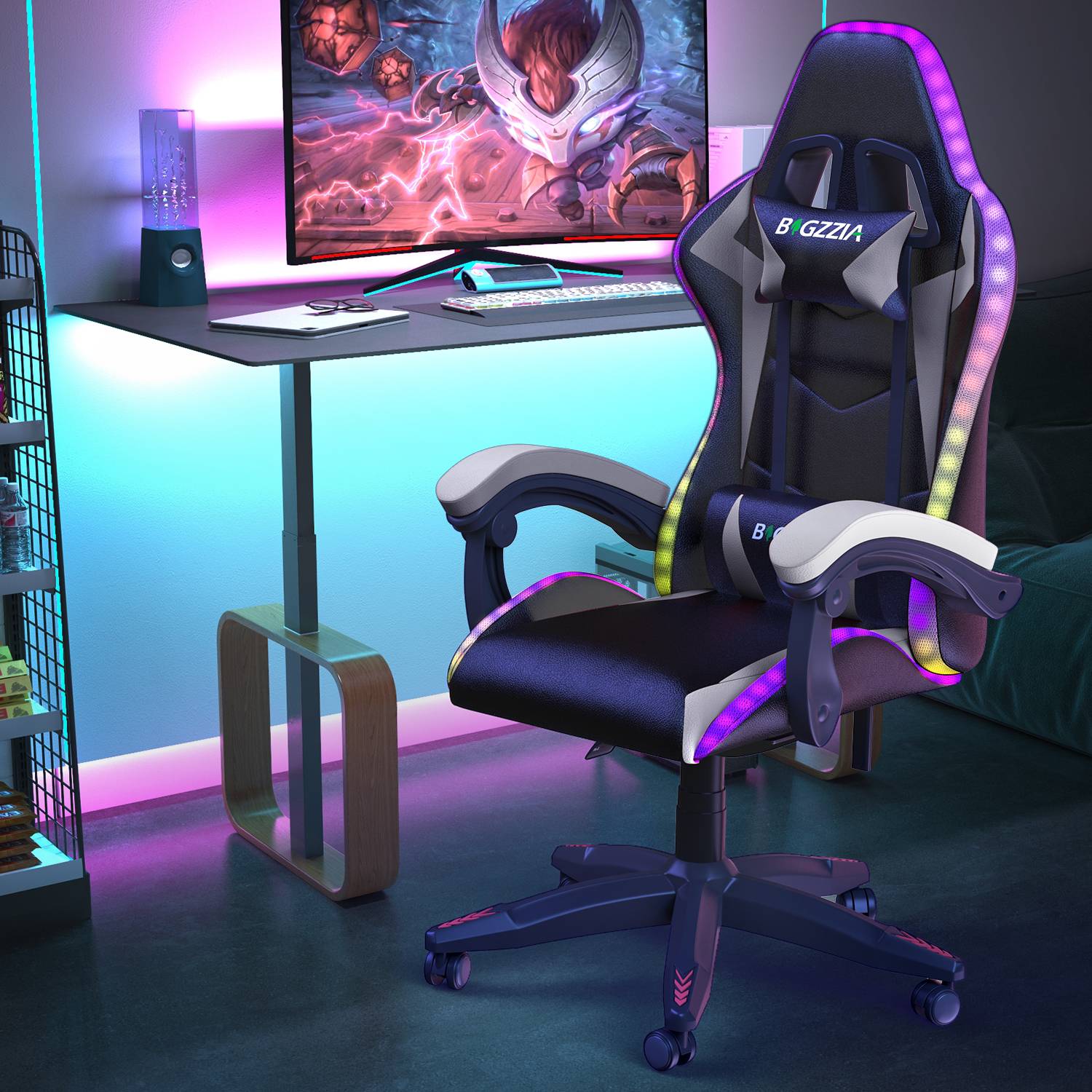 Ergonominen Pelituoli RGB-LED-valoilla, Kallistuvalla Kallistuksella, Niskatuella ja Ristiselän Tuella Kilpa-ajotyyliin