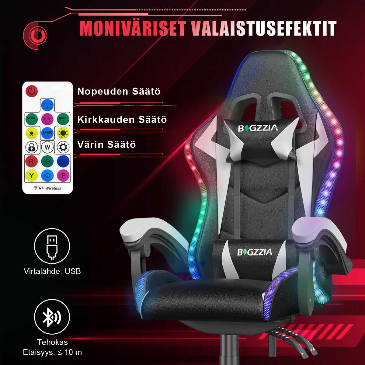 Ergonominen Pelituoli RGB-LED-valoilla, Kallistuvalla Kallistuksella, Niskatuella ja Ristiselän Tuella Kilpa-ajotyyliin