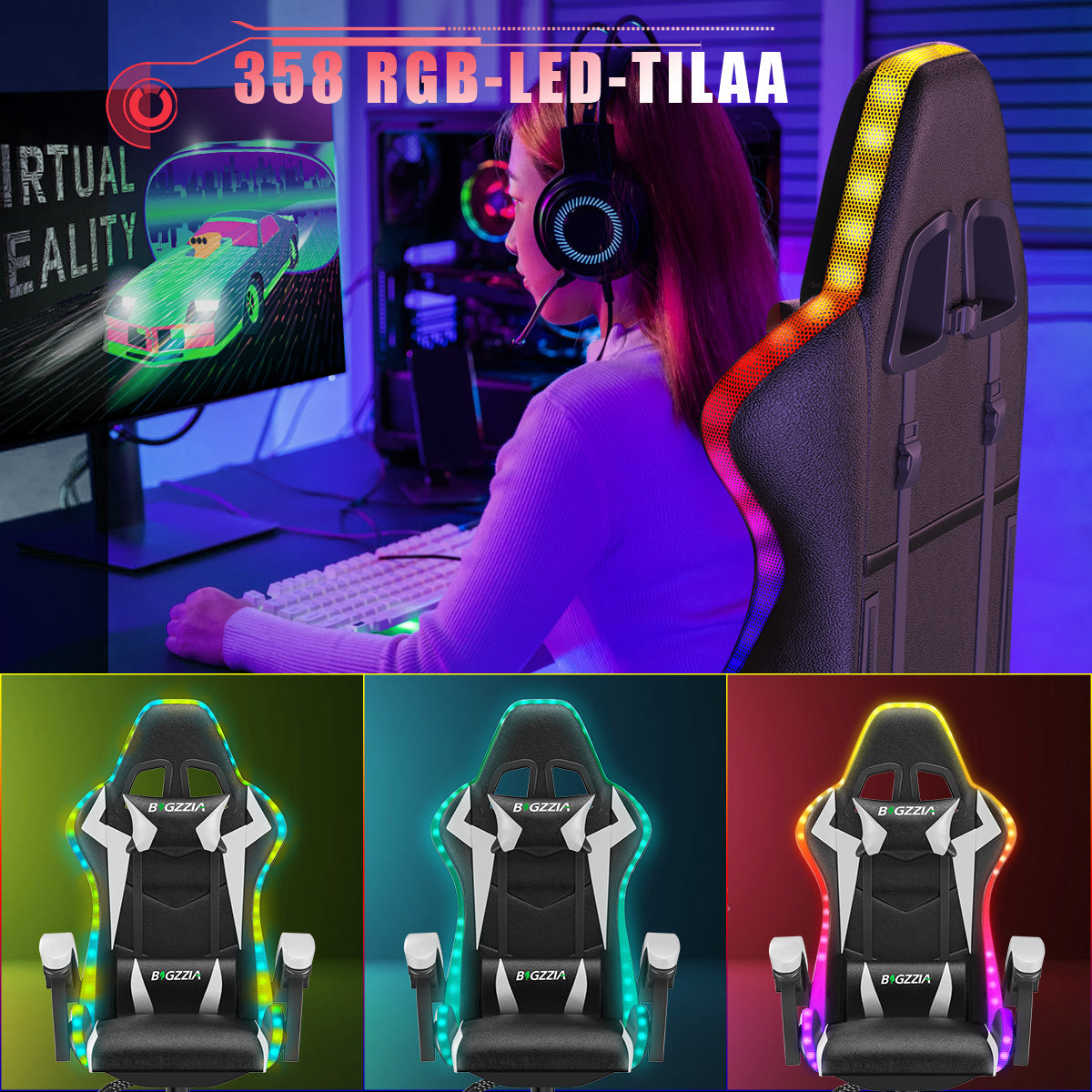 Ergonominen Pelituoli RGB-LED-valoilla, Kallistuvalla Kallistuksella, Niskatuella ja Ristiselän Tuella Kilpa-ajotyyliin