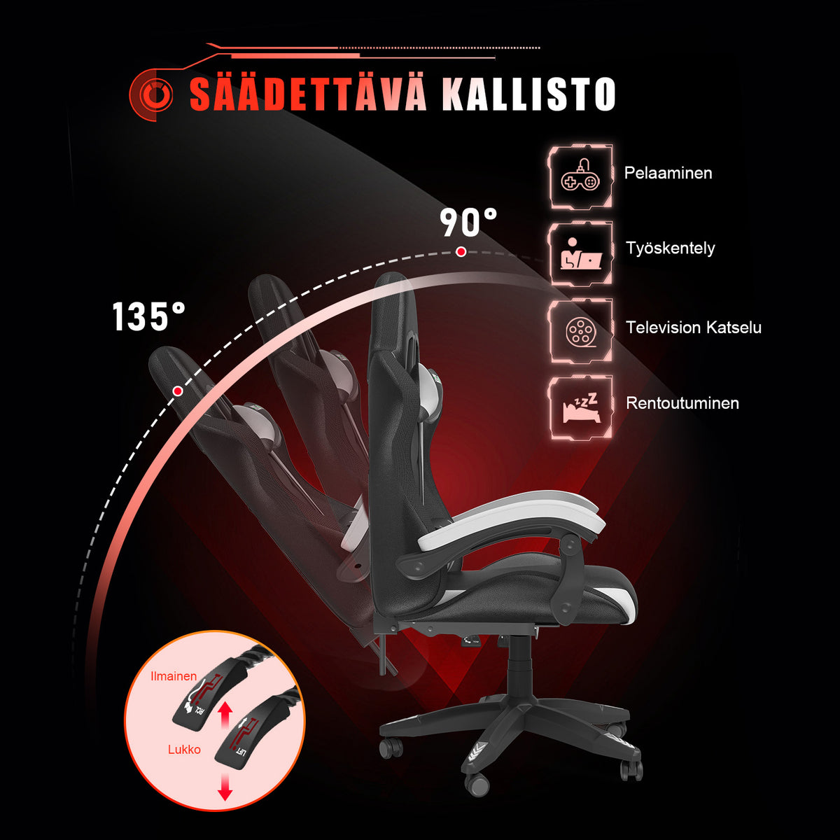 Ergonominen Pelituoli RGB-LED-valoilla, Kallistuvalla Kallistuksella, Niskatuella ja Ristiselän Tuella Kilpa-ajotyyliin