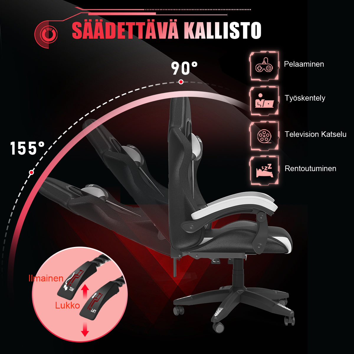 Ergonominen Pelituoli RGB-LED-valoilla, Kallistuvalla Kallistuksella, Niskatuella ja Ristiselän Tuella Kilpa-ajotyyliin