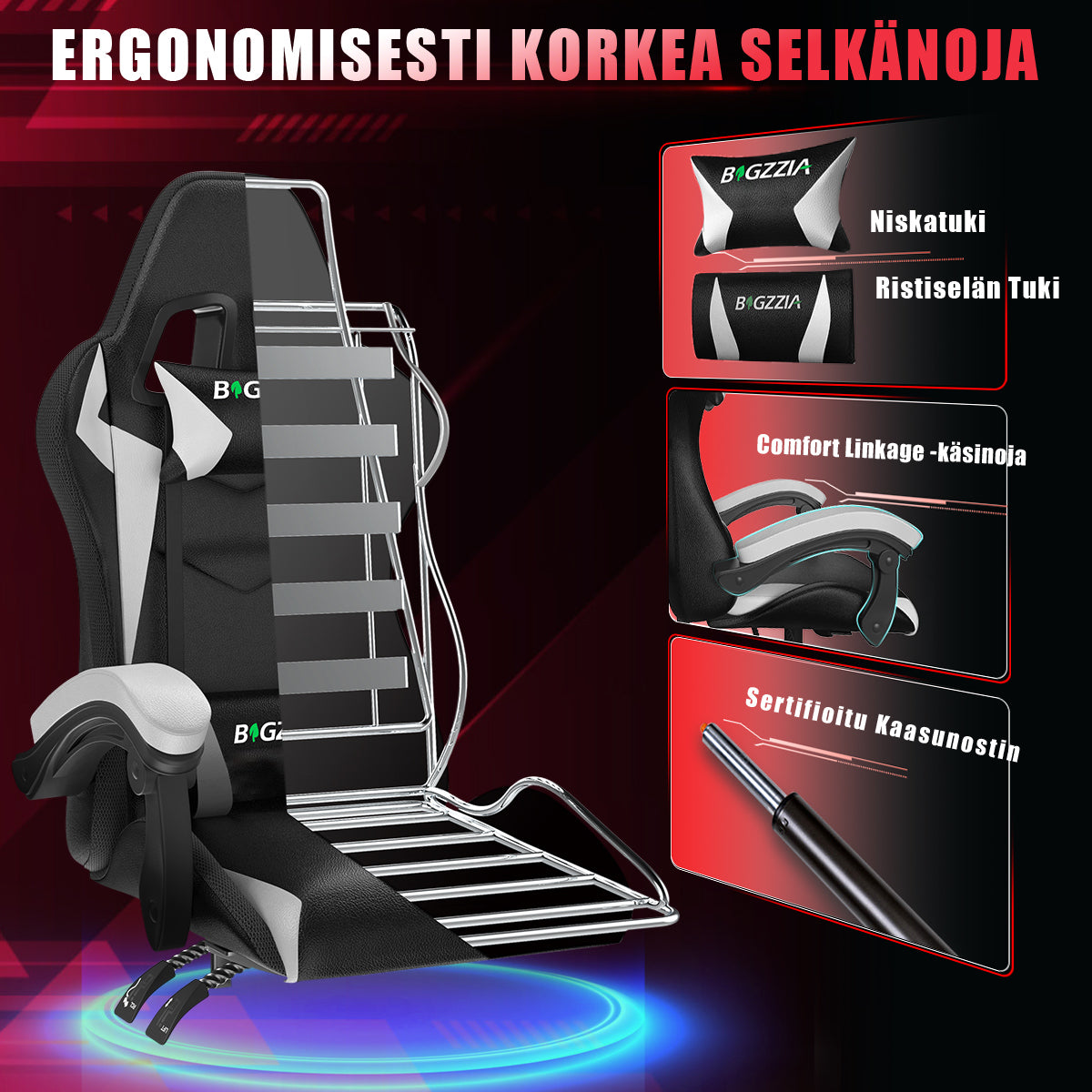 Ergonominen Pelituoli RGB-LED-valoilla, Kallistuvalla Kallistuksella, Niskatuella ja Ristiselän Tuella Kilpa-ajotyyliin