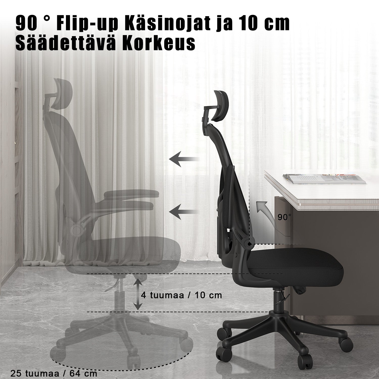 Toimistotuoli, Ergonominen Työtuoli, Pyörivä Tietokonetuoli Pehmustetulla Istuintyynyllä Kotiin/Toimistoon, eEnimmäiskuorma 150 kg
