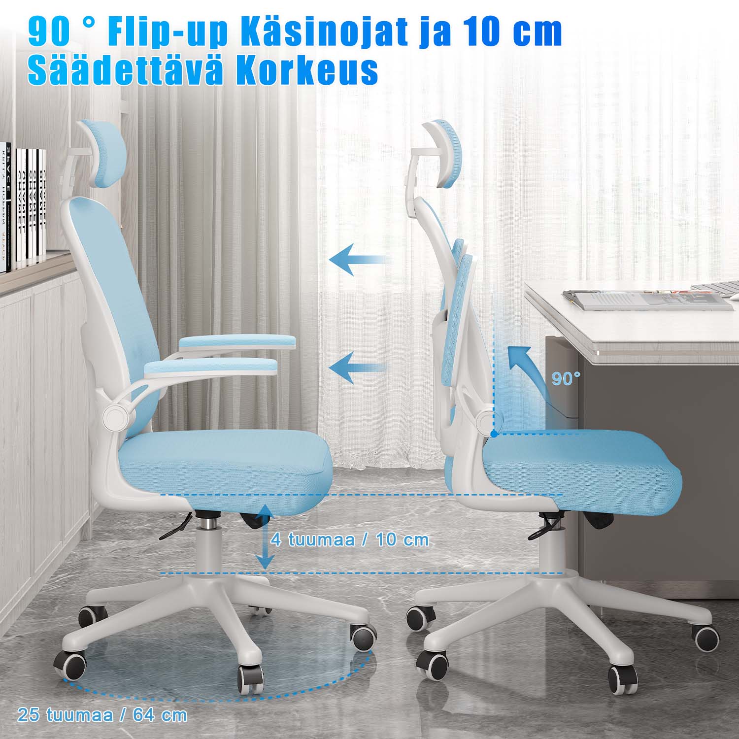 Toimistotuoli, Ergonominen Työtuoli, Pyörivä Tietokonetuoli Pehmustetulla Istuintyynyllä Kotiin/Toimistoon, eEnimmäiskuorma 150 kg