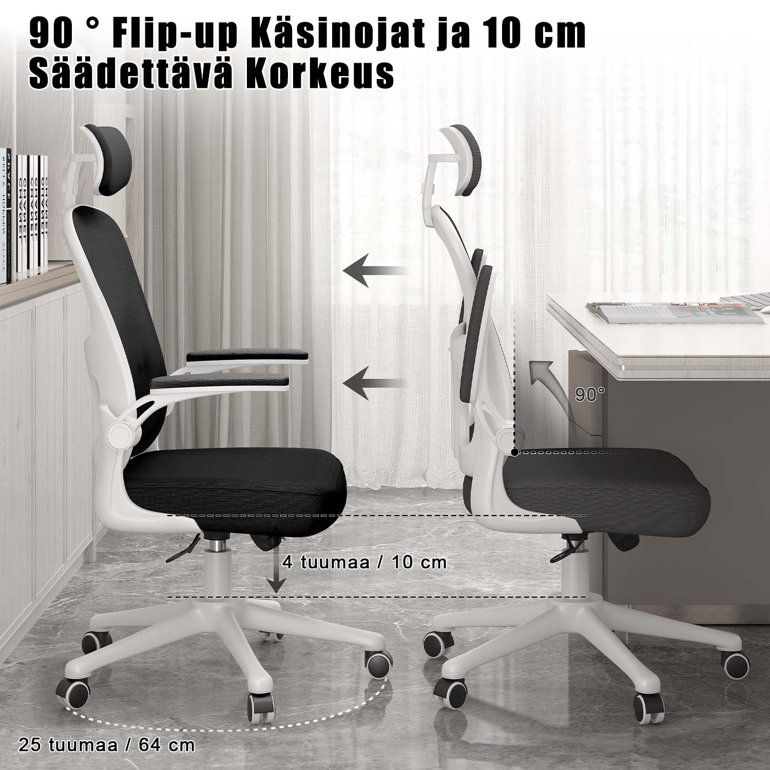 Toimistotuoli, Ergonominen Työtuoli, Pyörivä Tietokonetuoli Pehmustetulla Istuintyynyllä Kotiin/Toimistoon, eEnimmäiskuorma 150 kg