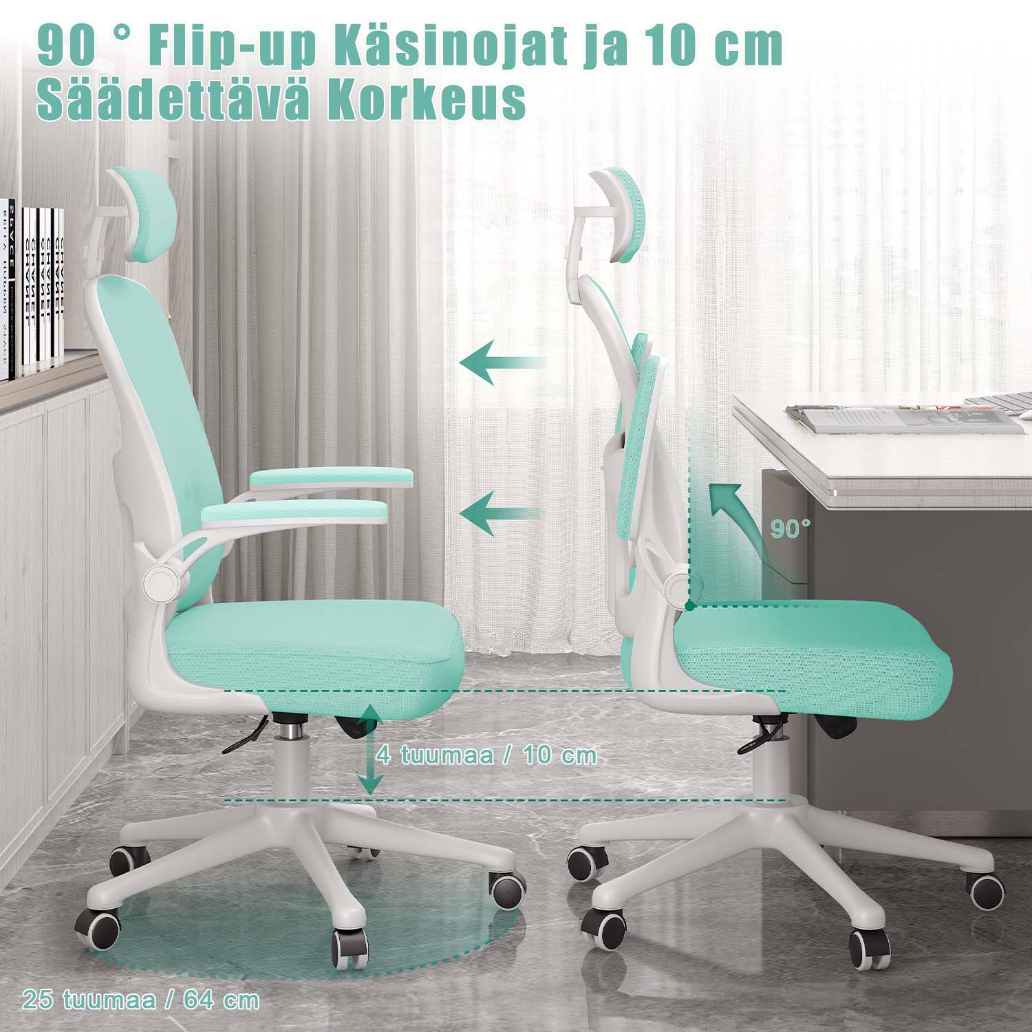 Toimistotuoli, Ergonominen Työtuoli, Pyörivä Tietokonetuoli Pehmustetulla Istuintyynyllä Kotiin/Toimistoon, eEnimmäiskuorma 150 kg