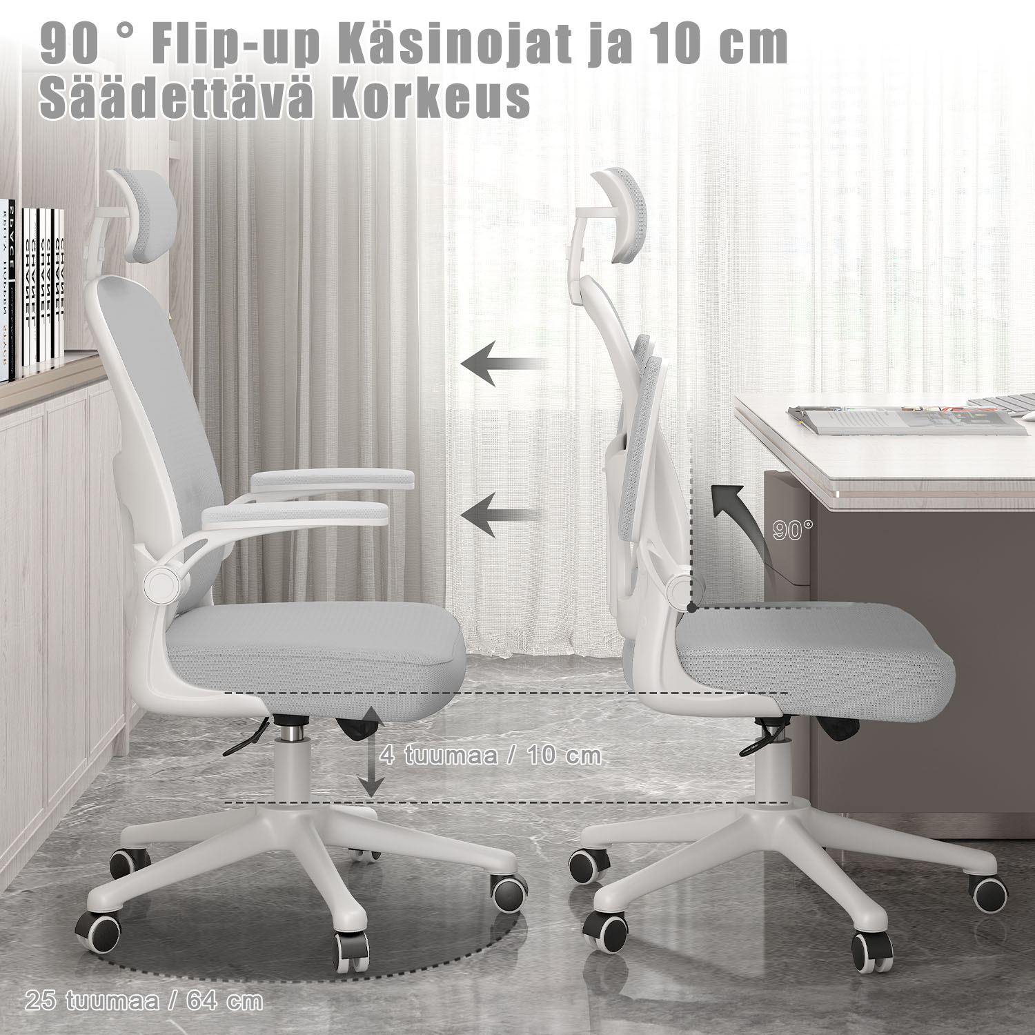 Toimistotuoli, Ergonominen Työtuoli, Pyörivä Tietokonetuoli Pehmustetulla Istuintyynyllä Kotiin/Toimistoon, eEnimmäiskuorma 150 kg