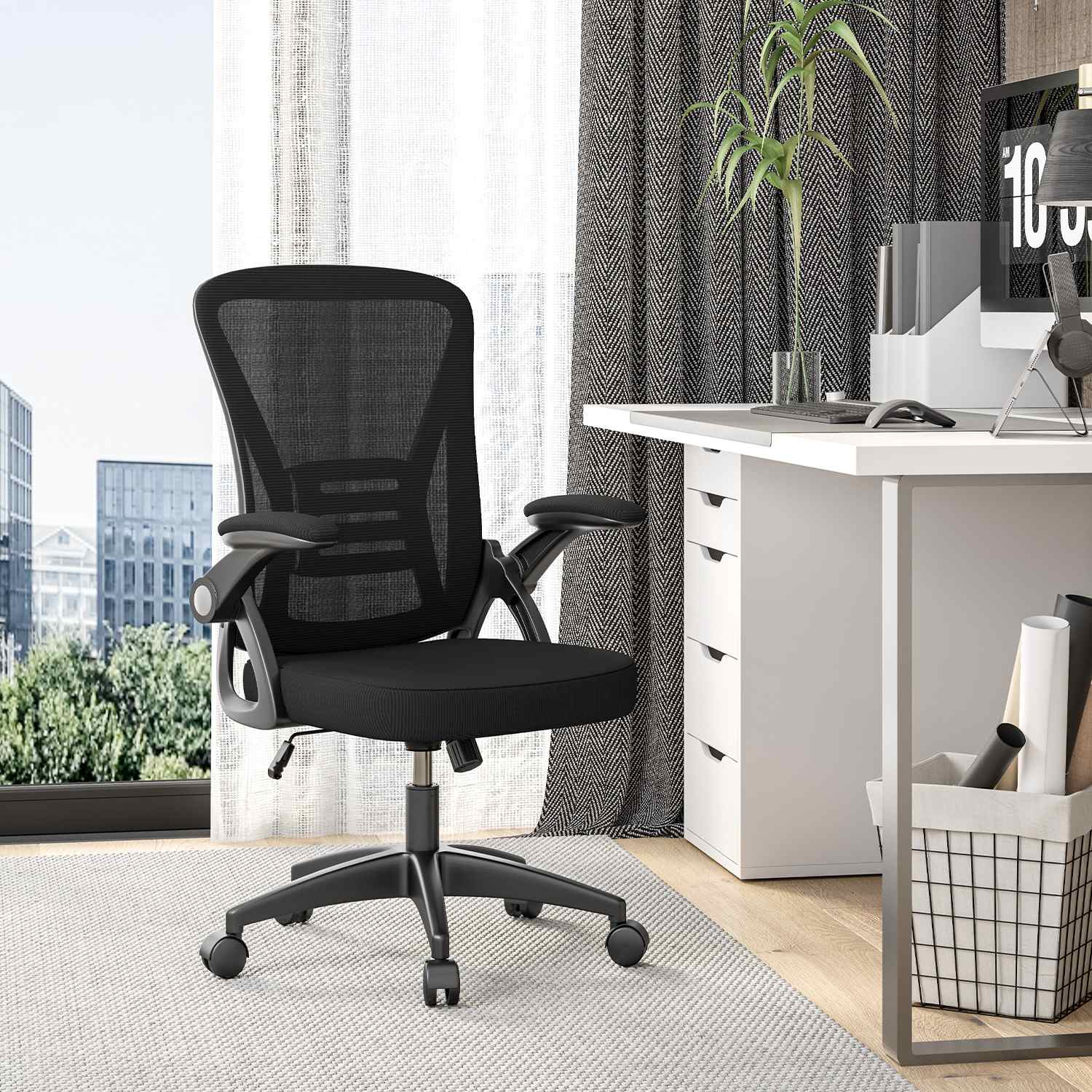 Toimistotuoli Ergonominen Työtuoli, Jossa 90° Ylös Taittuva Käsinoja, Korkeussäädettävä Työtuoli