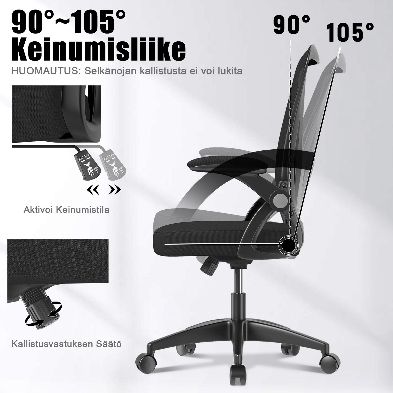 Toimistotuoli Ergonominen Työtuoli, Jossa 90° Ylös Taittuva Käsinoja, Korkeussäädettävä Työtuoli